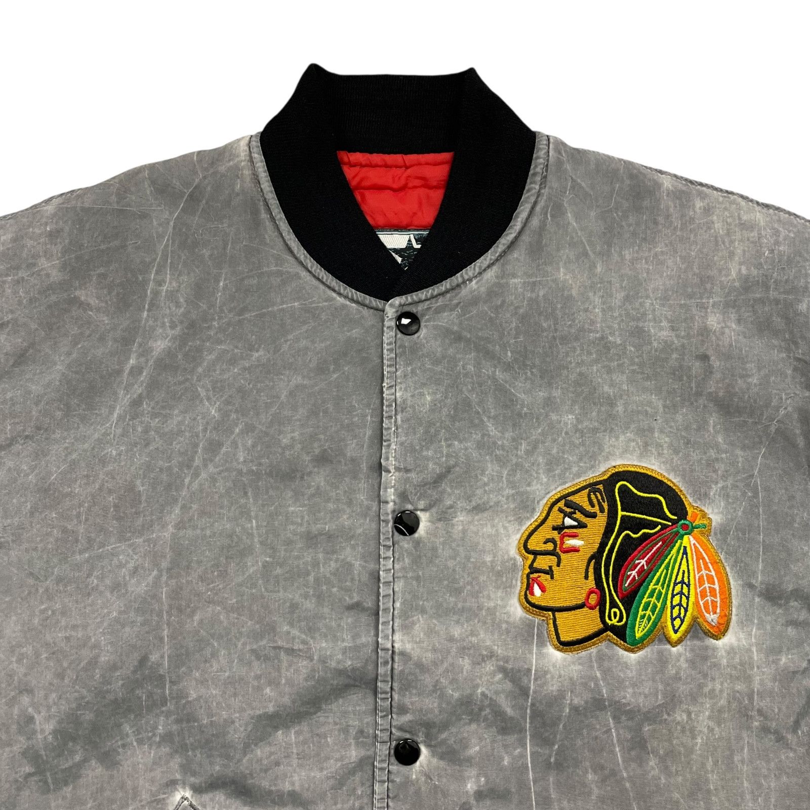 NHL × Starter × Vintage 90s CHICAGO BLACKHAWKS SATIN BOMBER JACKET STONEWASH ACID Size US L / EU 52-54 / 3 - 4 Thumbnail