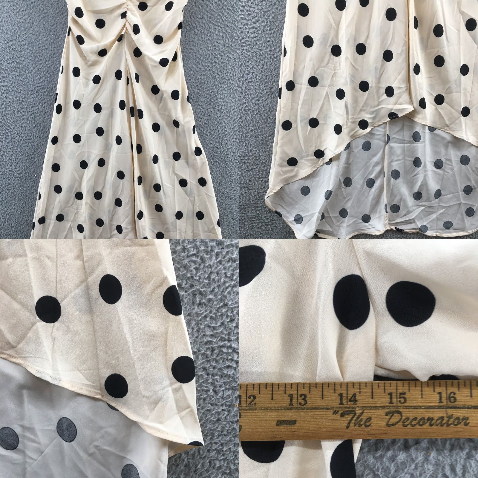 Vintage A New Day Midi A-Line Dress Womens S Beige Polka Dot Ruched Puff Sleeve V-Neck Dress Size S / US 4 / IT 40 - 8 Thumbnail