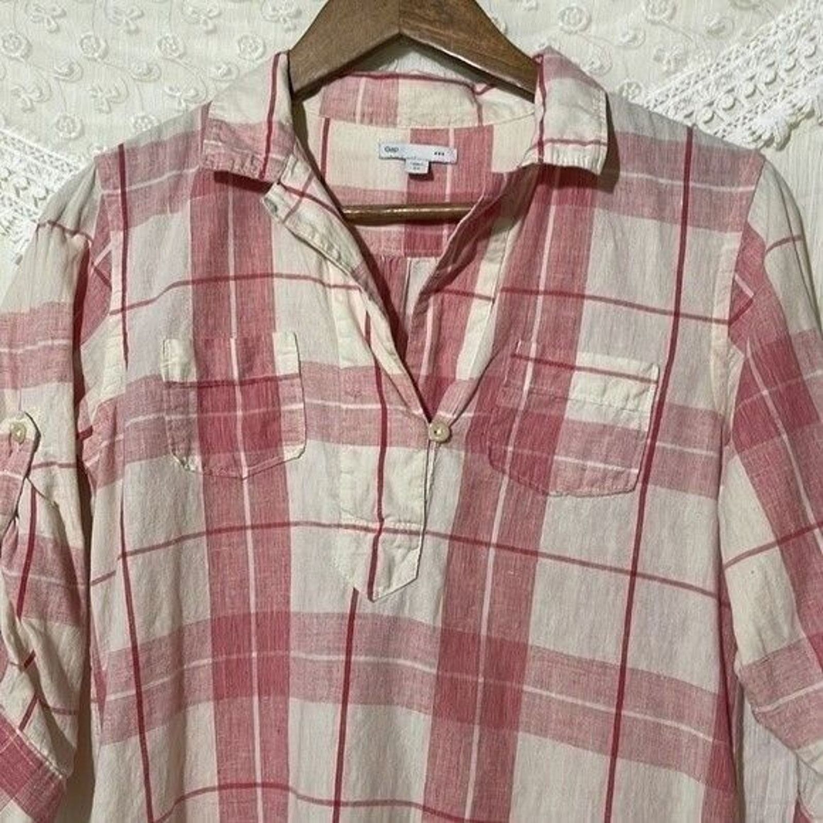 Gap Gap Womens Popover Top Pink White Plaid Linen Blend Size XS Size XS / US 0-2 / IT 36-38 - 4 Thumbnail