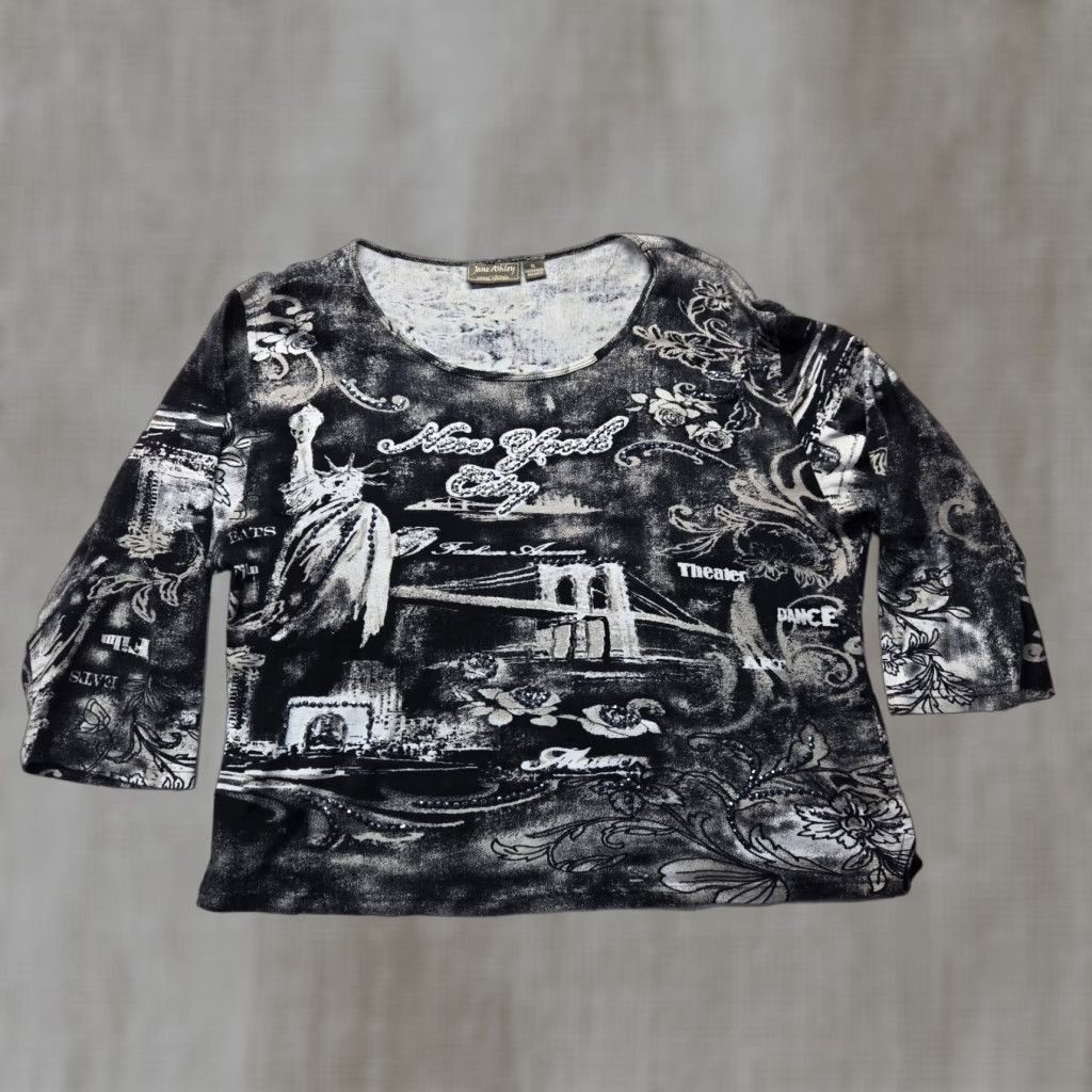 Vintage Jane Ashley Shirt Adult Women's XL Black 3/4 Sleeve Pullover City NY Skyline Casual Basic T-Shirt Conservative Fit Women Size XL / US 12-14 / IT 48-50 - 1 Thumbnail