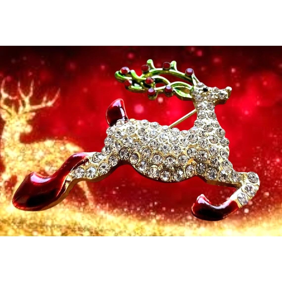 Handmade Reindeer Brooch Pin Rudolph Christmas Eve New Crystal Accent Size ONE SIZE - 8 Thumbnail