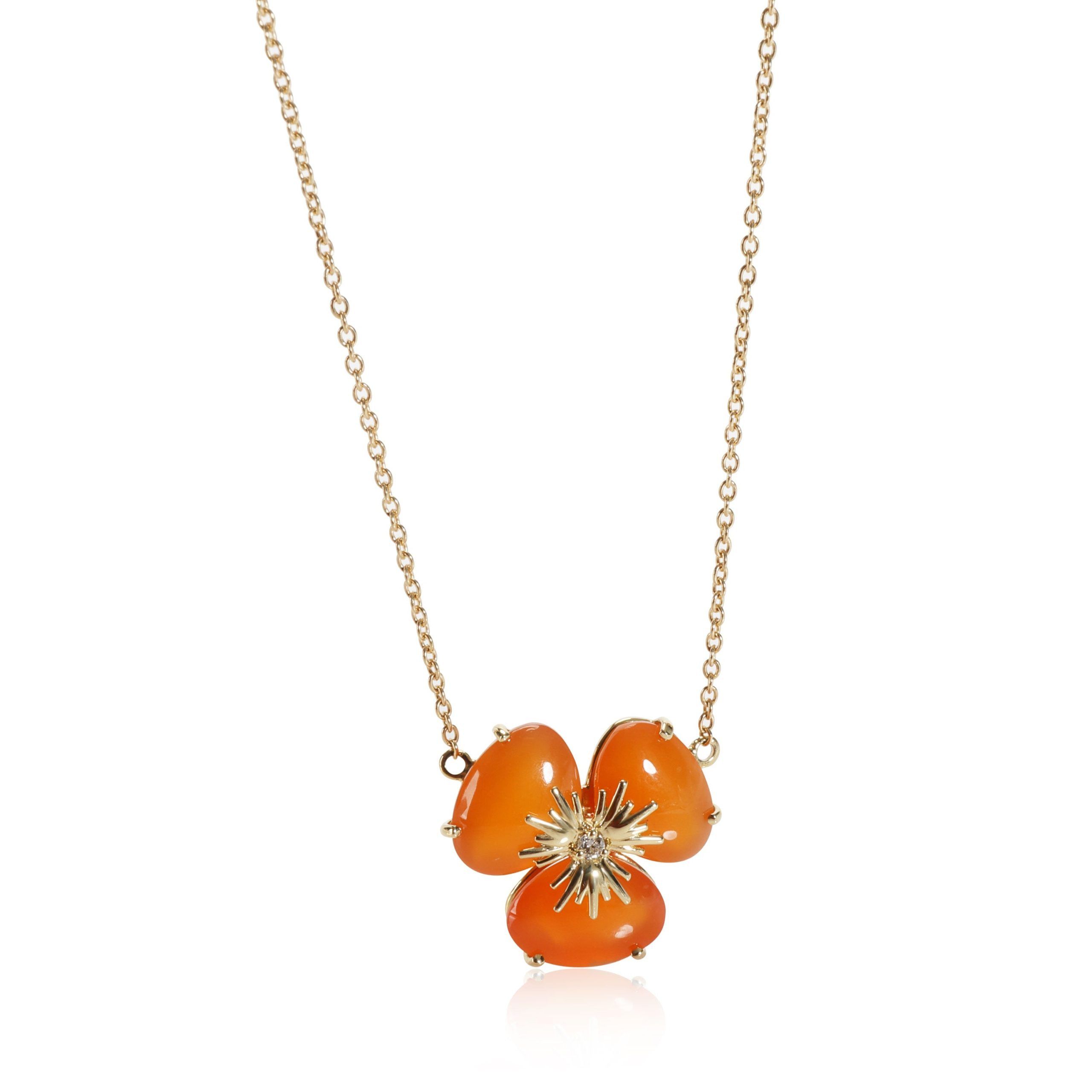 image of Bvlgari Carnelian Diamond Flower Necklace In 18K Yellow Gold 0.02 Ctw, Women's