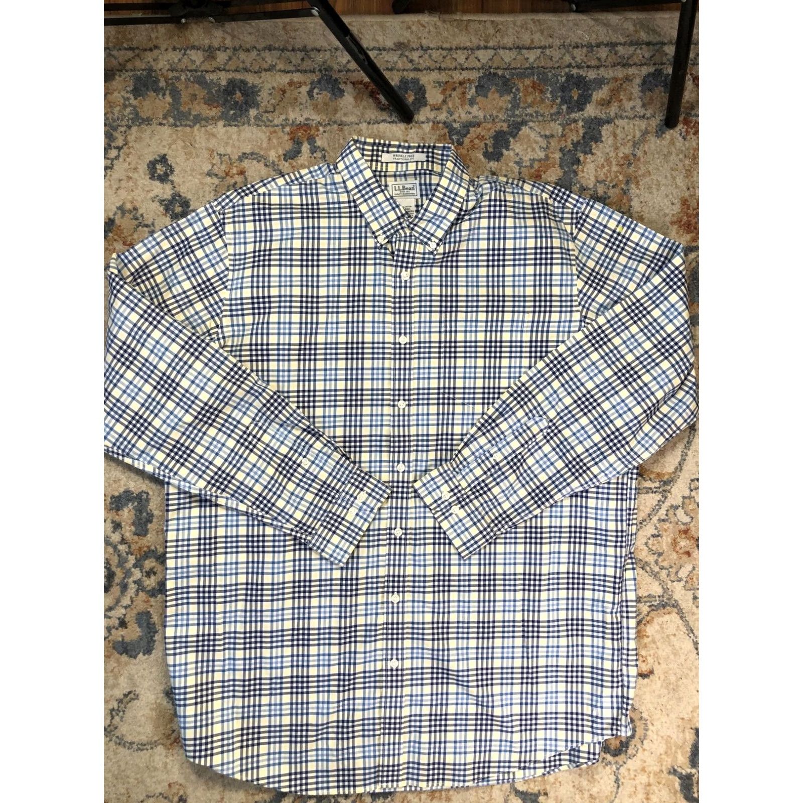 Vintage L.L. Bean Dress Shirt Mens XLT XL Tall Blue Yellow Plaid Wrinkle Free Cotton Shirt Dress Shirt Mens XLT Tall Blue Plaid Wrinkle Free 100% Cotton Size 46R - 2 Thumbnail