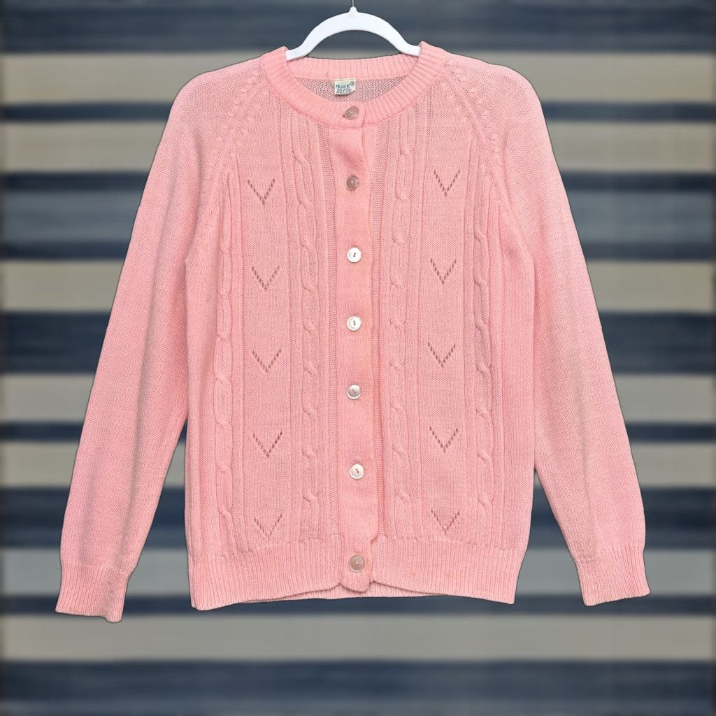Vintage VINTAGE Miss K Pink Cable-Knit Cardigan Sweater Womens Small 80s Geometric Retro Size S / US 4 / IT 40 - 1 Thumbnail