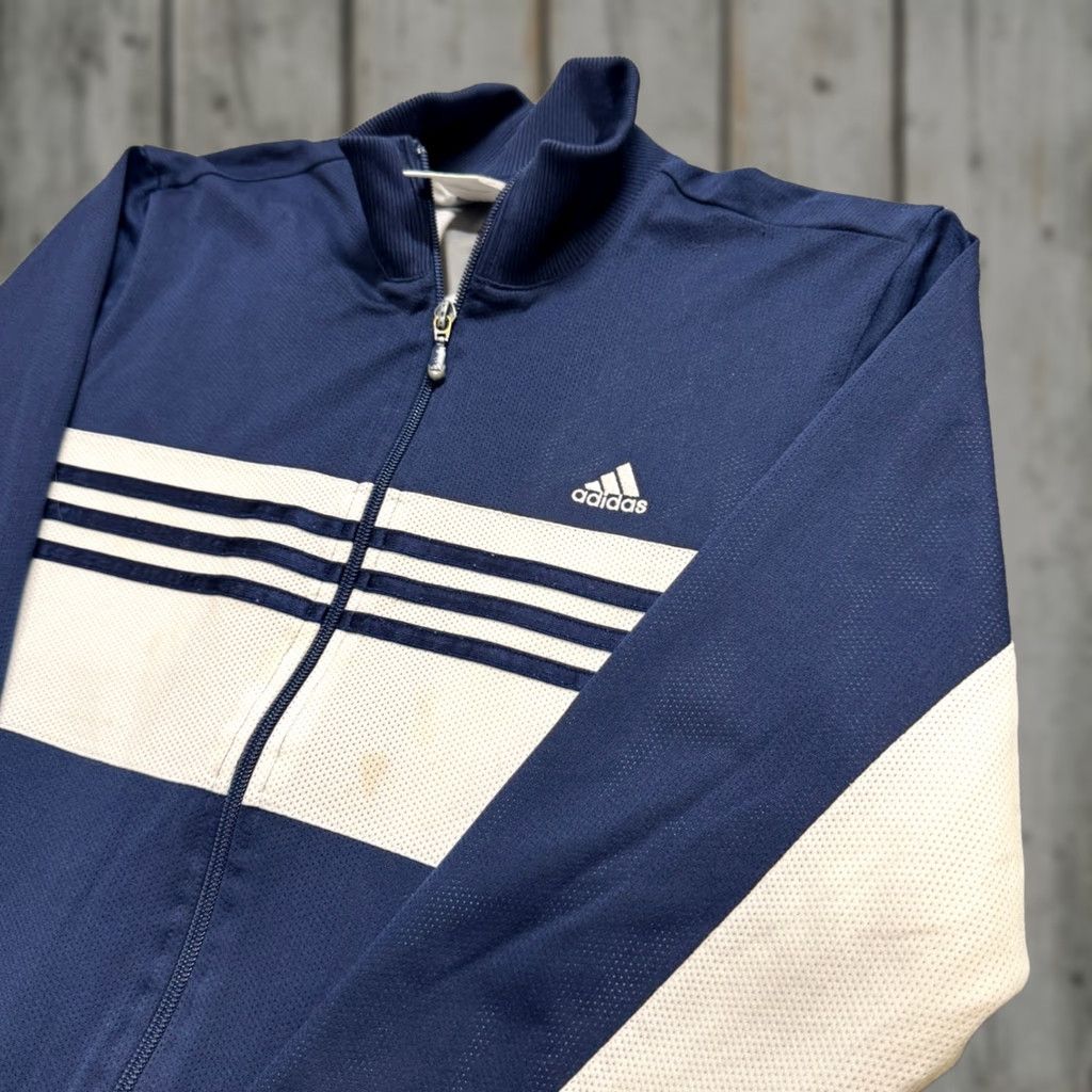 Adidas VINTAGE Adidas Jacket Womens XL Blue White Gray Full-Zip Polyester Cotton Blend 90s Y2K Striped Womens XL Blue White Gray Size XL / US 12-14 / IT 48-50 - 1 Thumbnail