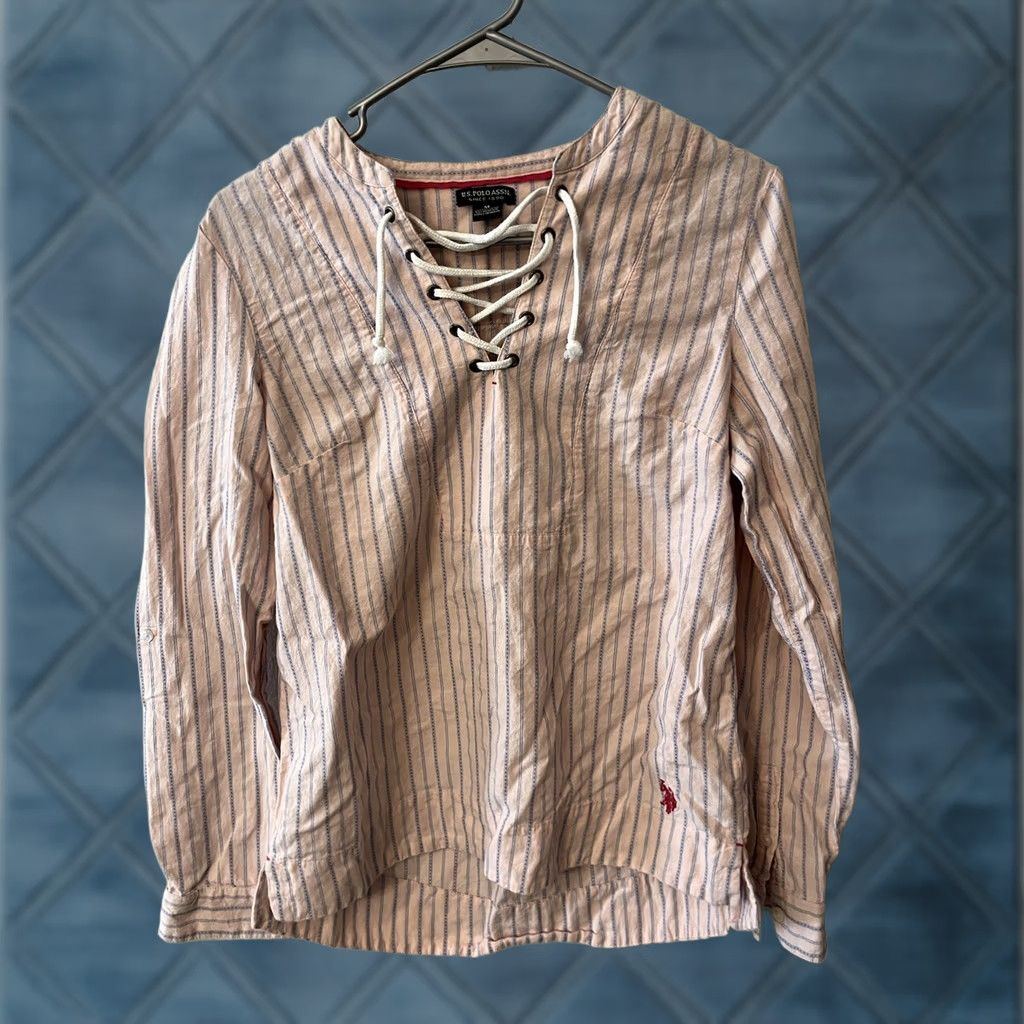 U.S. Polo Assn. U.S. Polo Assn Womens Shirt Blouse Tie Up V-Neck Long Sleeve Pink Striped Size M Size M / US 6-8 / IT 42-44 - 1 Thumbnail