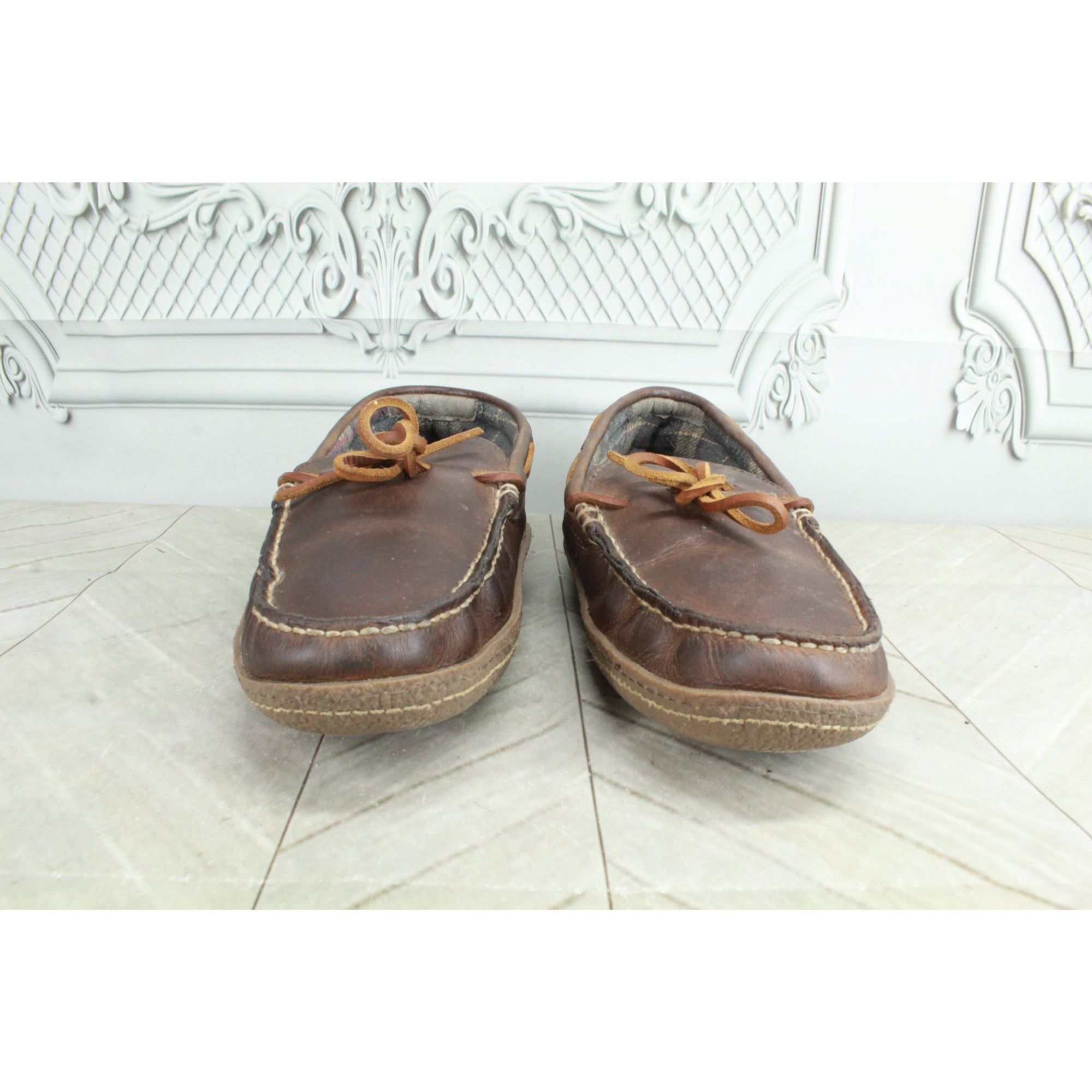 L.L. Bean LL Bean Flannel Lined Handsewn Brown Leather Slippers Size US 10 / EU 43 - 4 Thumbnail