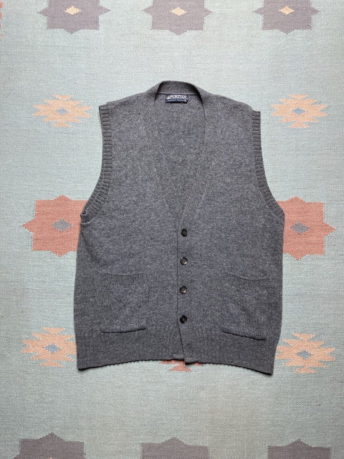 Puritan × Vintage VTG 70s puritan sweater vest wool blend cardigan button XL Size US XL / EU 56 / 4 - 1 Thumbnail