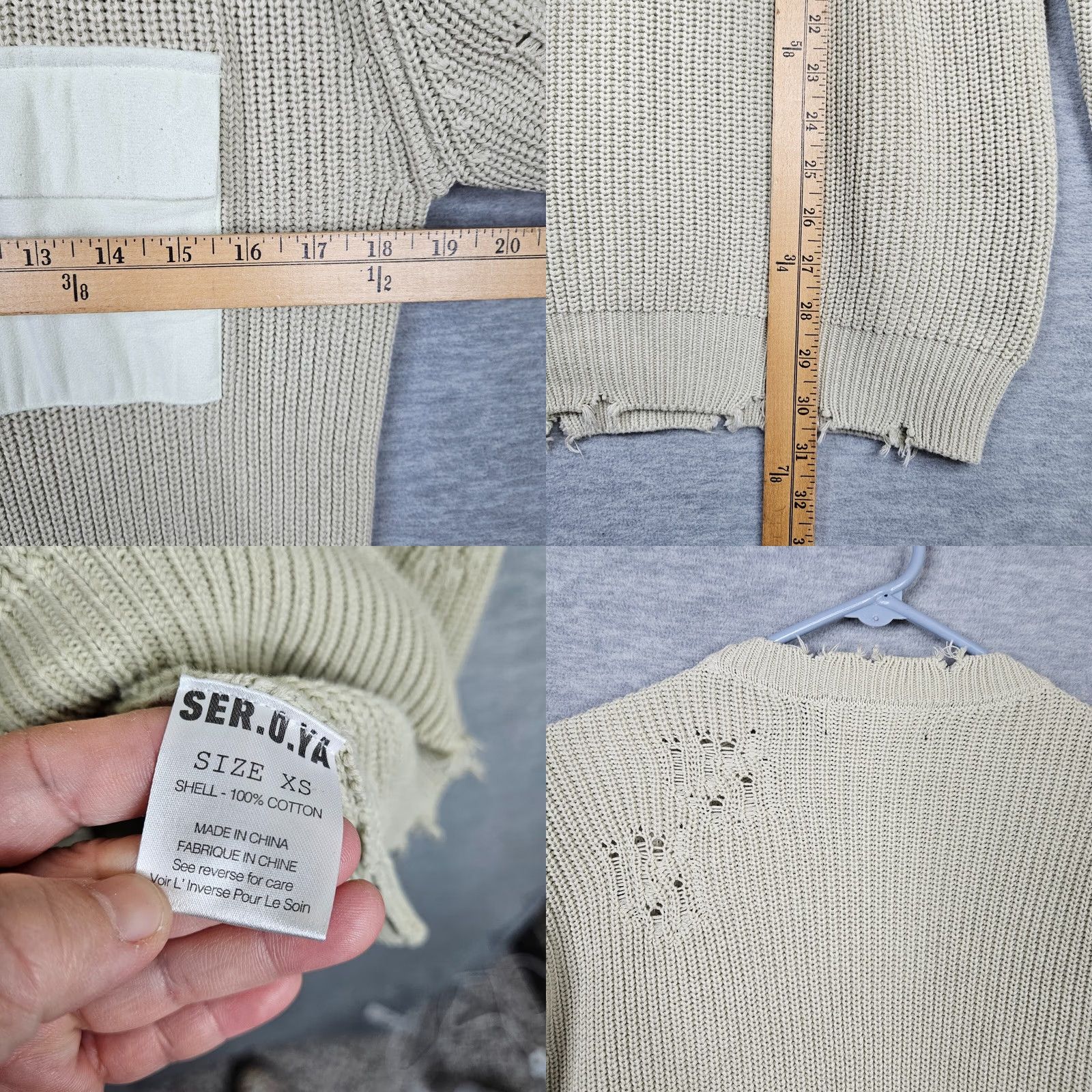 SER.O.YA SER.O.YA Women's Devin Distressed Raw-edge Crew neck Elbow Patch Sweater XS Sage green Cardigan Regular Knit 100% Cotton Modern Women Size XS / US 0-2 / IT 36-38 - 8 Thumbnail