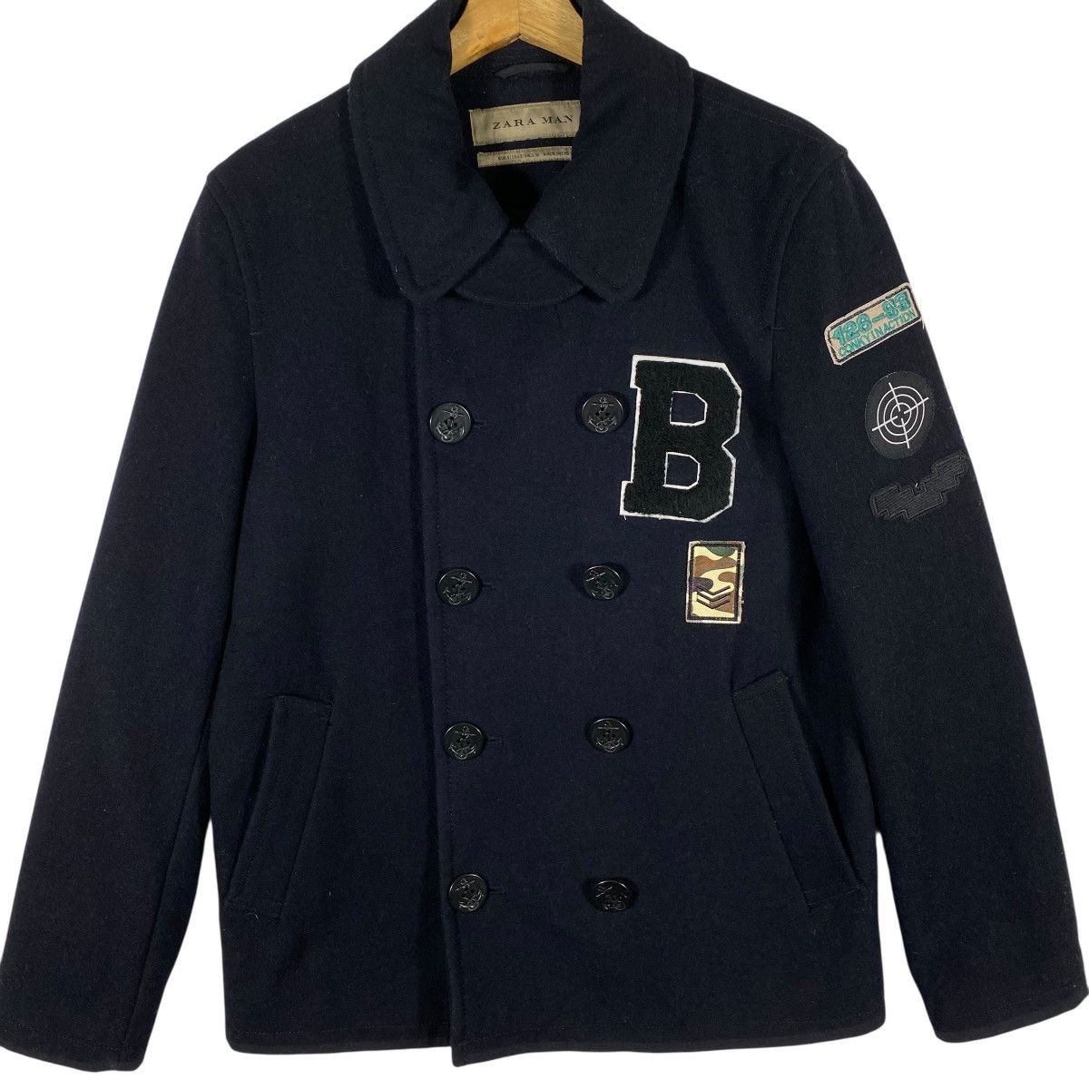Other × Zara ZARA MAN Wool Heavy Peacoat With Patches S Size Size US S / EU 44-46 / 1 - 5 Thumbnail
