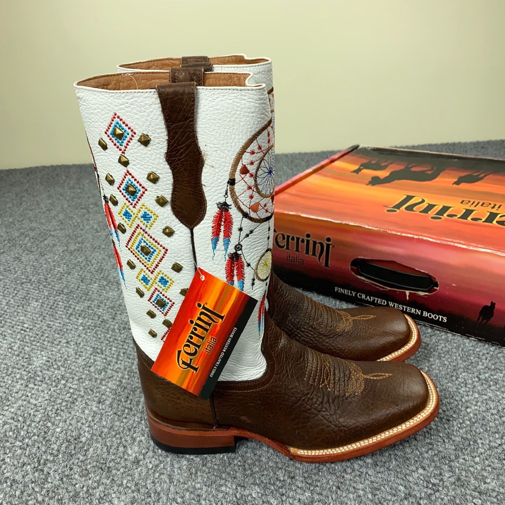 Vintage Ferrini Boots Women's Size 9.5 White Brown Dream Catcher Cowgirl Studded Leather Size US 9.5 / IT 39.5 - 6 Thumbnail
