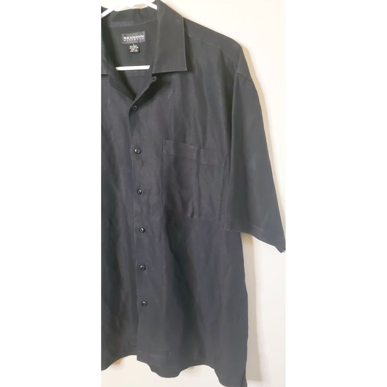 Vintage Reunion Menswear Shirt Mens L Black Button Front Short Sleeve Linen Blend Men Size US 33 - 2 Thumbnail