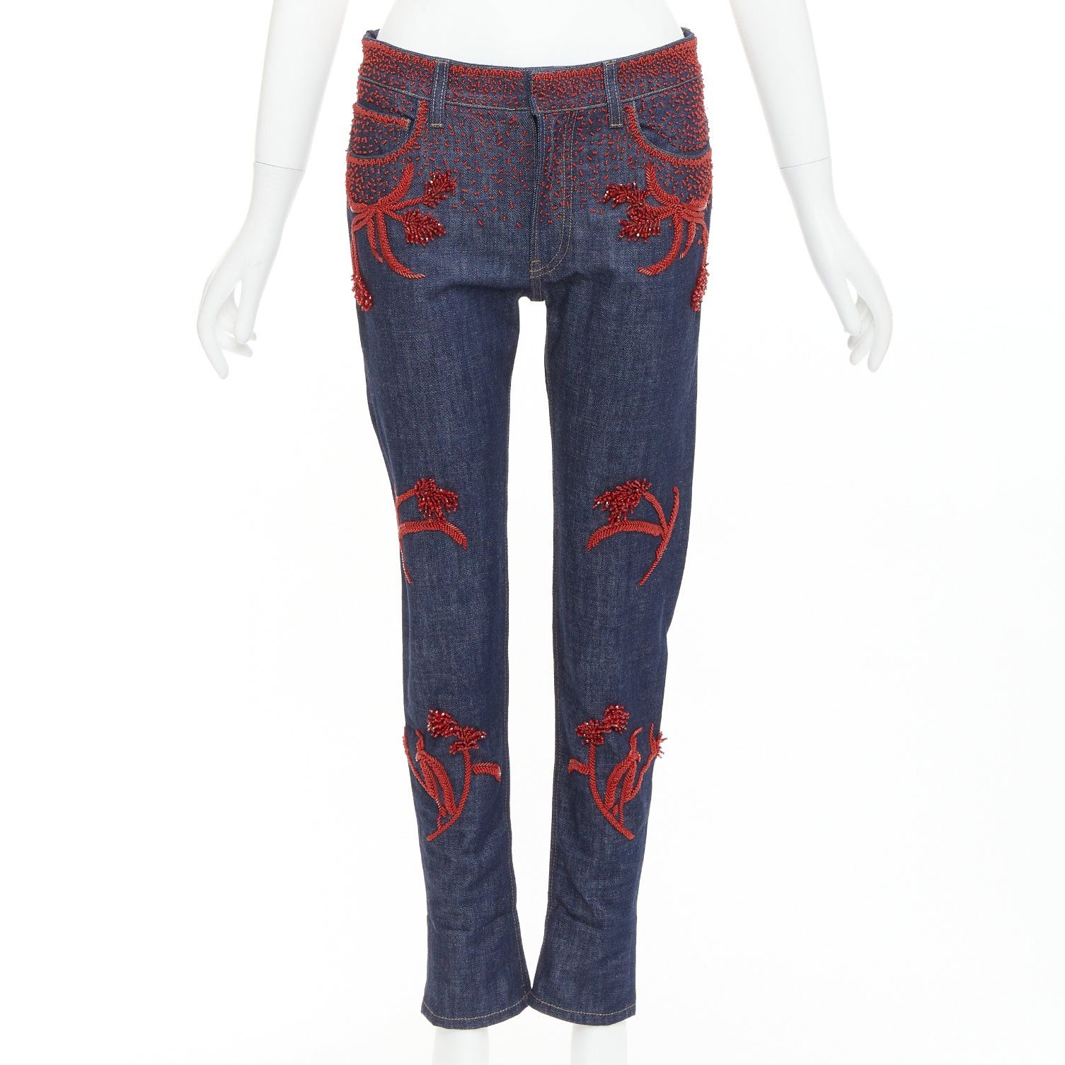 Prada PRADA 2017 Runway red beaded floral embellishment straight leg cropped jeans 25" Size 25" / US 0 / IT 36 - 1 Thumbnail