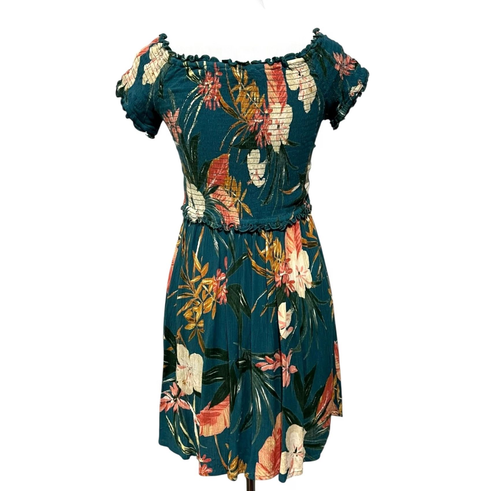 Vintage Patrons of Peace Dress Floral Mini Tropical Green Short Sleeve Smocked Sz Large Size 36" / US 14 / IT 50 - 5 Thumbnail