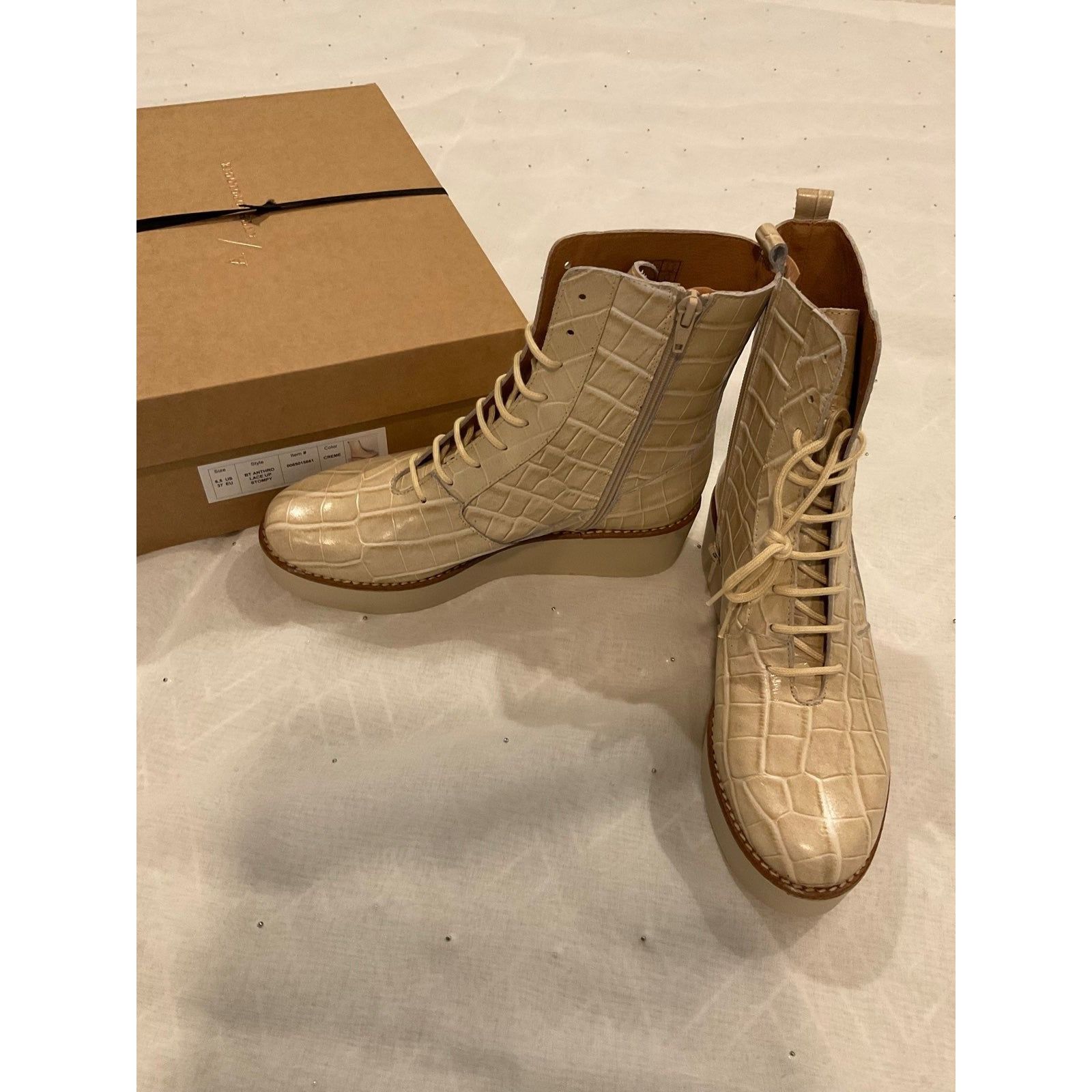 Anthropologie NWT Anthropologie Cream Croc Print Leather Platform Boots Si Size US 6.5 / IT 36.5 - 1 Thumbnail