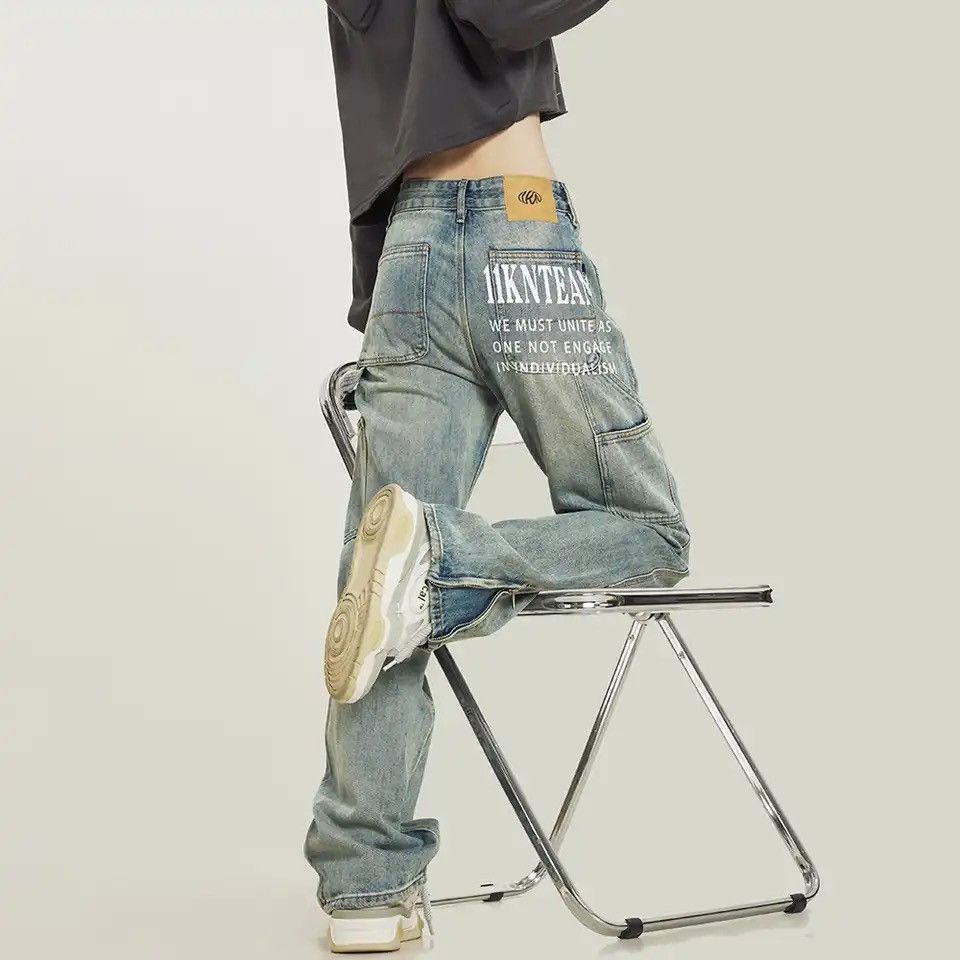 Japanese Brand Casual Letter Print Womans Denim Pants Baggy Size US 33 - 1 Thumbnail