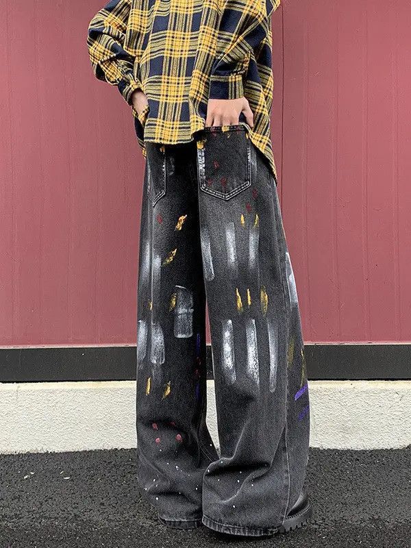 Japanese Brand Retro loose straight tube splashed ink casual jeans Size US 32 / EU 48 - 3 Thumbnail
