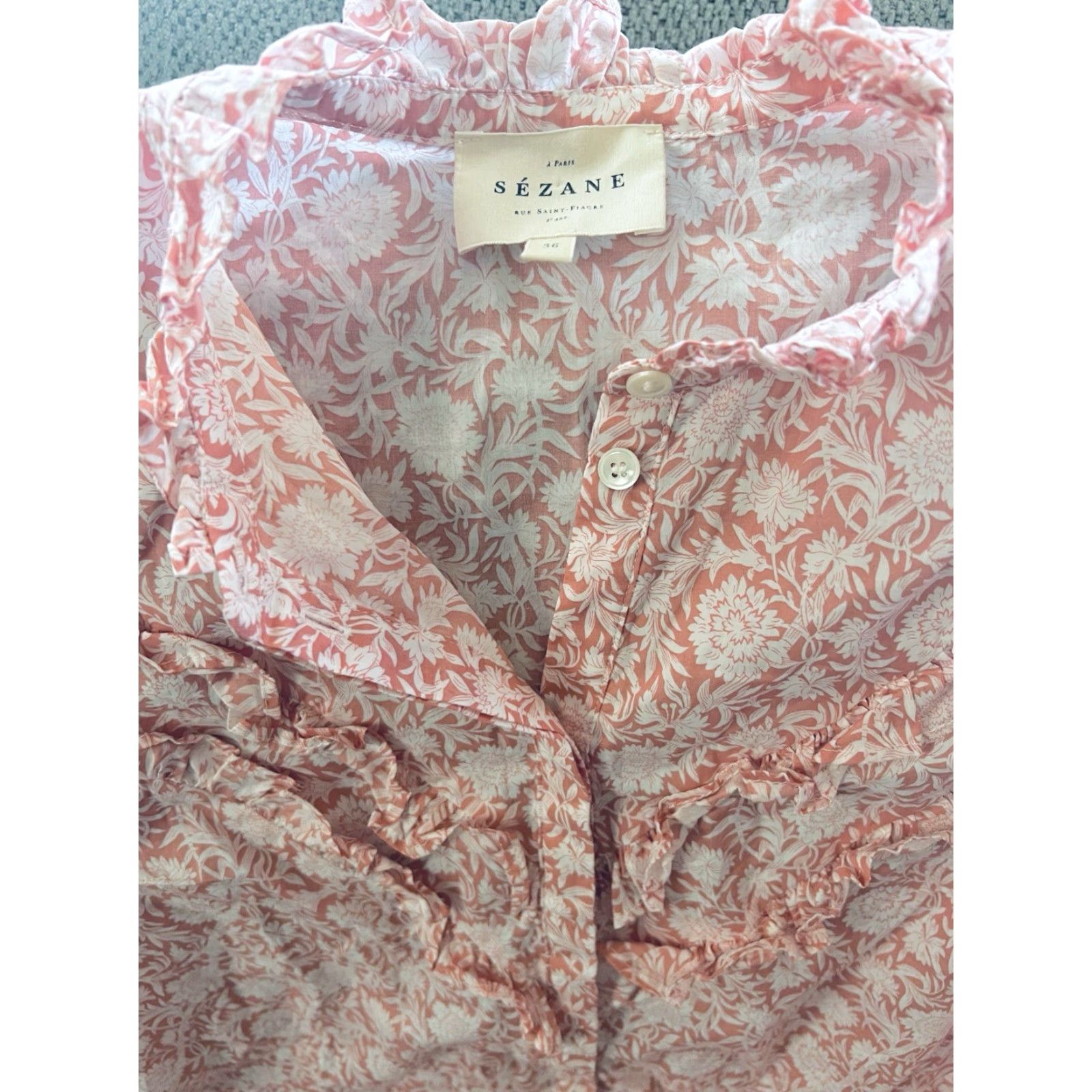 Pinko Sezane Blouse Pink White Floral Button Up Ruffle Long Sleeve 36 Women's Shirt Womens Blouse Floral Embroidery Colorful Size XS / US 0-2 / IT 36-38 - 5 Thumbnail
