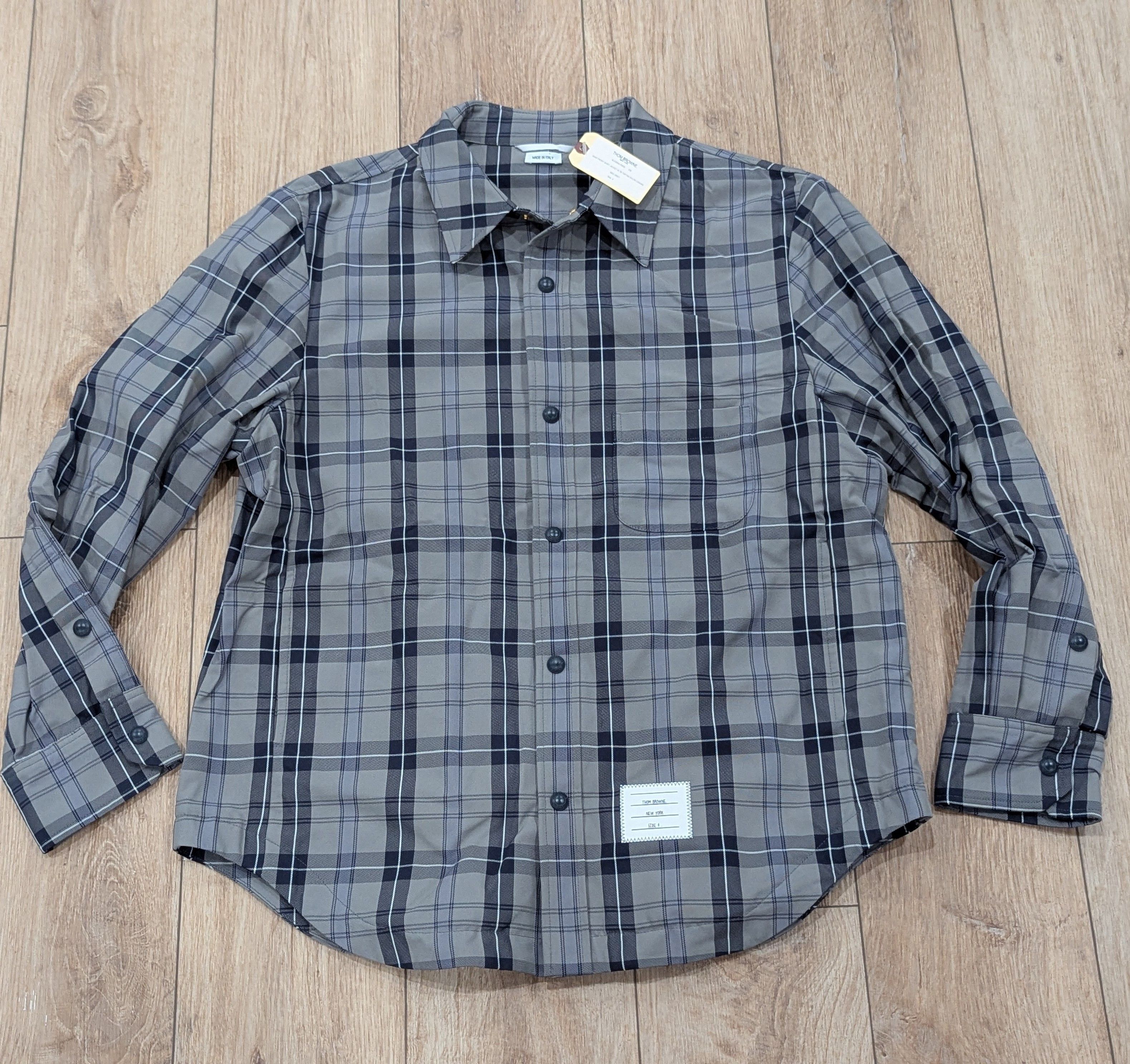 Thom Browne THOM BROWNE Plaid Curved Hem Shacket Shirt Jacket Gray 4 Size US XL / EU 56 / 4 - 1 Thumbnail