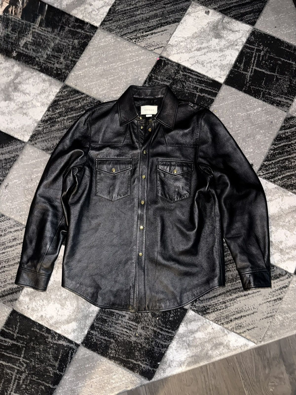 Gucci Gucci Black Leather Shirt Jacket Size US L / EU 52-54 / 3 - 2 Thumbnail
