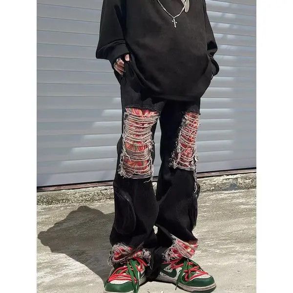 Japanese Brand High Street Hip-Hop Loose Plus Size Ins Ripped Patch Jeans Size US 32 / EU 48 - 3 Thumbnail