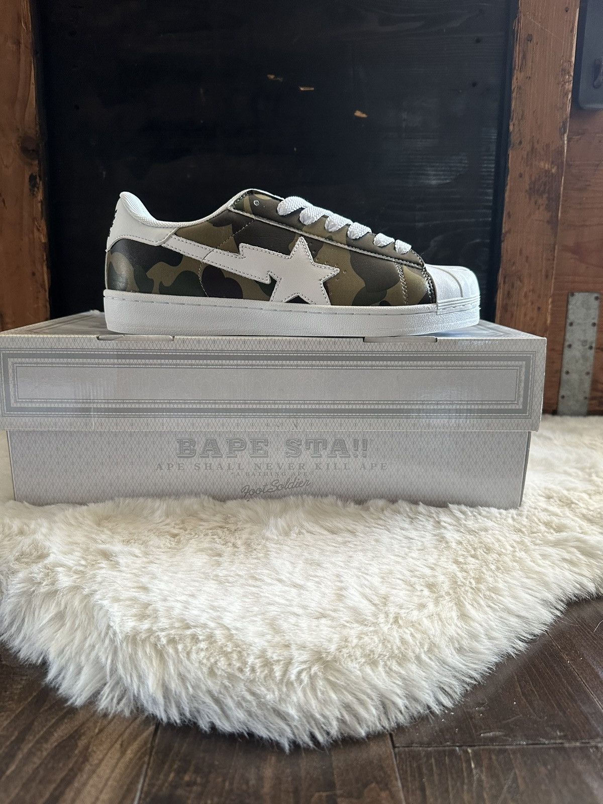 image of Camo Bapesta Superstars Shoes in Green, Men's (Size 8.5)