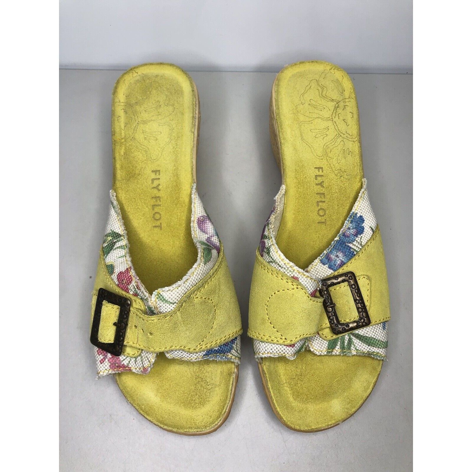 Other FLY FLOT Anti Shock Yellow Suede Floral Buckle Wedge Sandals Size US 10.5 / IT 40.5 - 7 Thumbnail