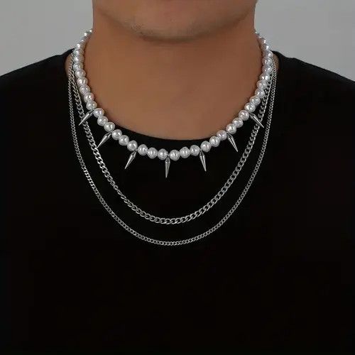 Jewelry Three Layer Bullet Pearl Men's Necklace Size ONE SIZE - 1 Thumbnail