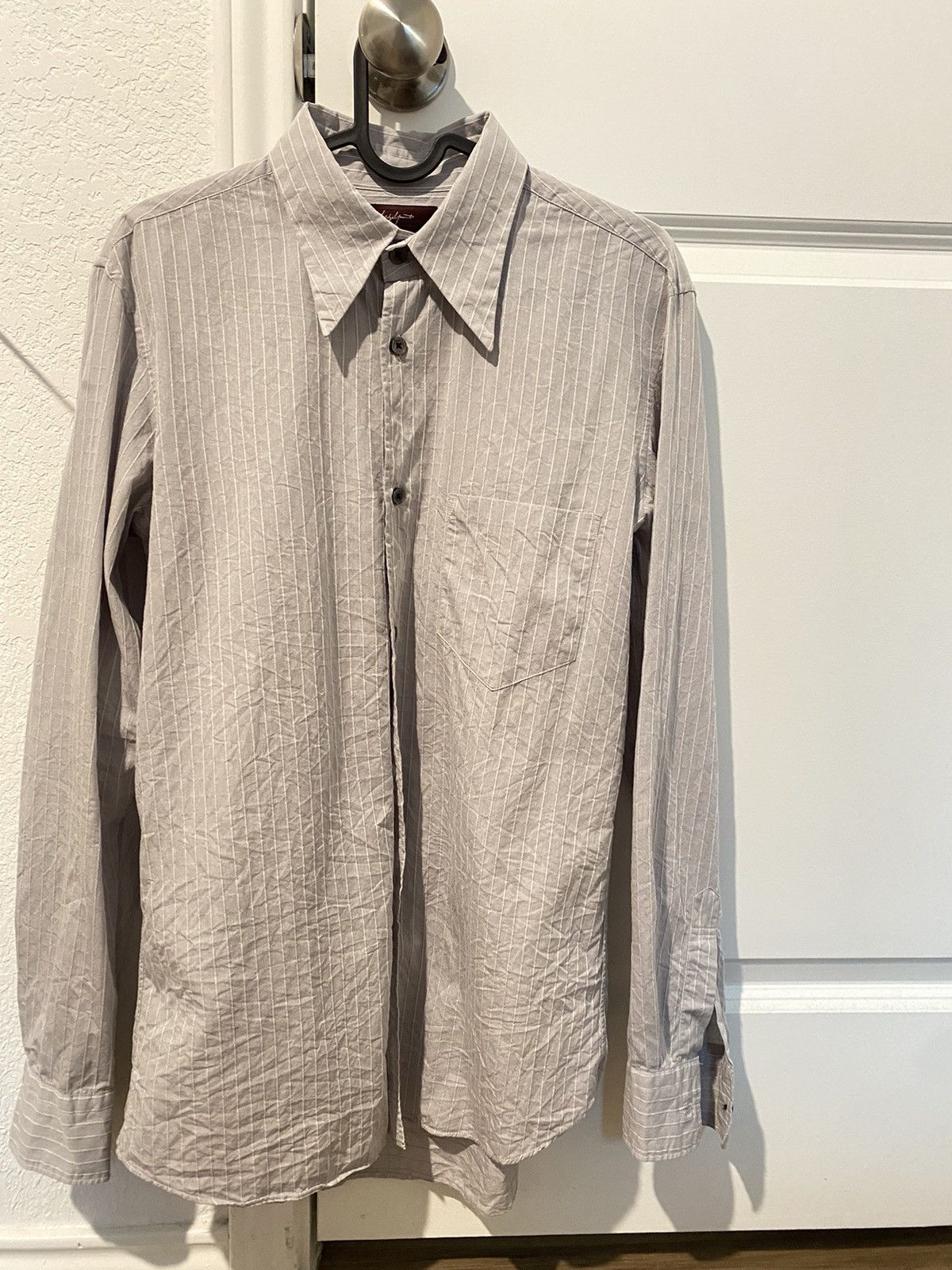 image of Yohji Yamamoto X D’Urban Aar Textured Striped Shirt in Light Gray, Men's (Size Small)