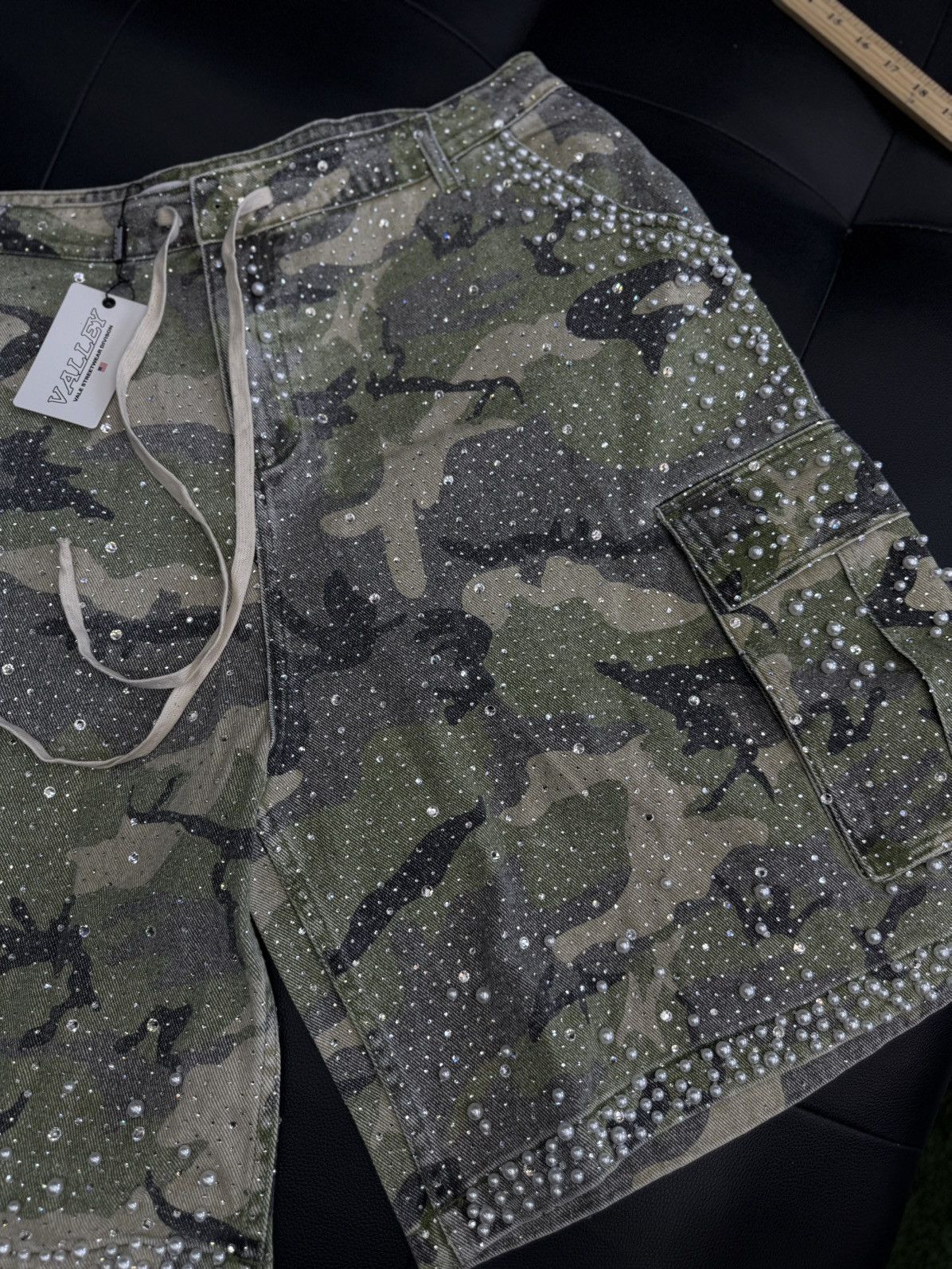 Vale Valley Rhinestone Crystal Shorts Denim Green Camo Size 36 Size US 36 / EU 52 - 2 Thumbnail