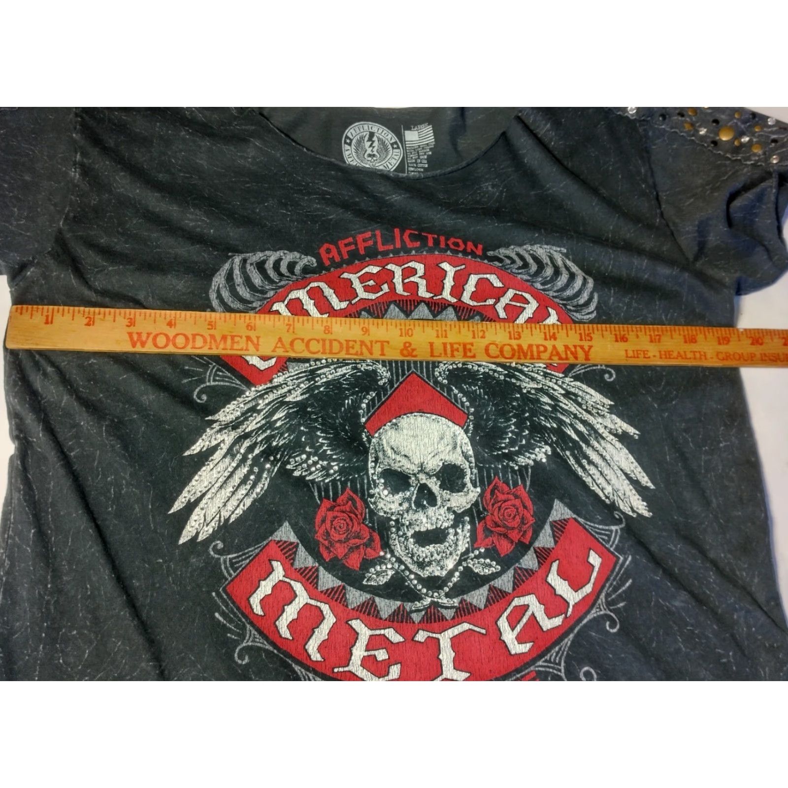Affliction VINTAGE Affliction Women’s T-Shirt Casual Short Sleeve Round Neck 100% Cotton Black Acid Wash Studded Distressed Metal Style Size L / US 10 / IT 46 - 4 Thumbnail