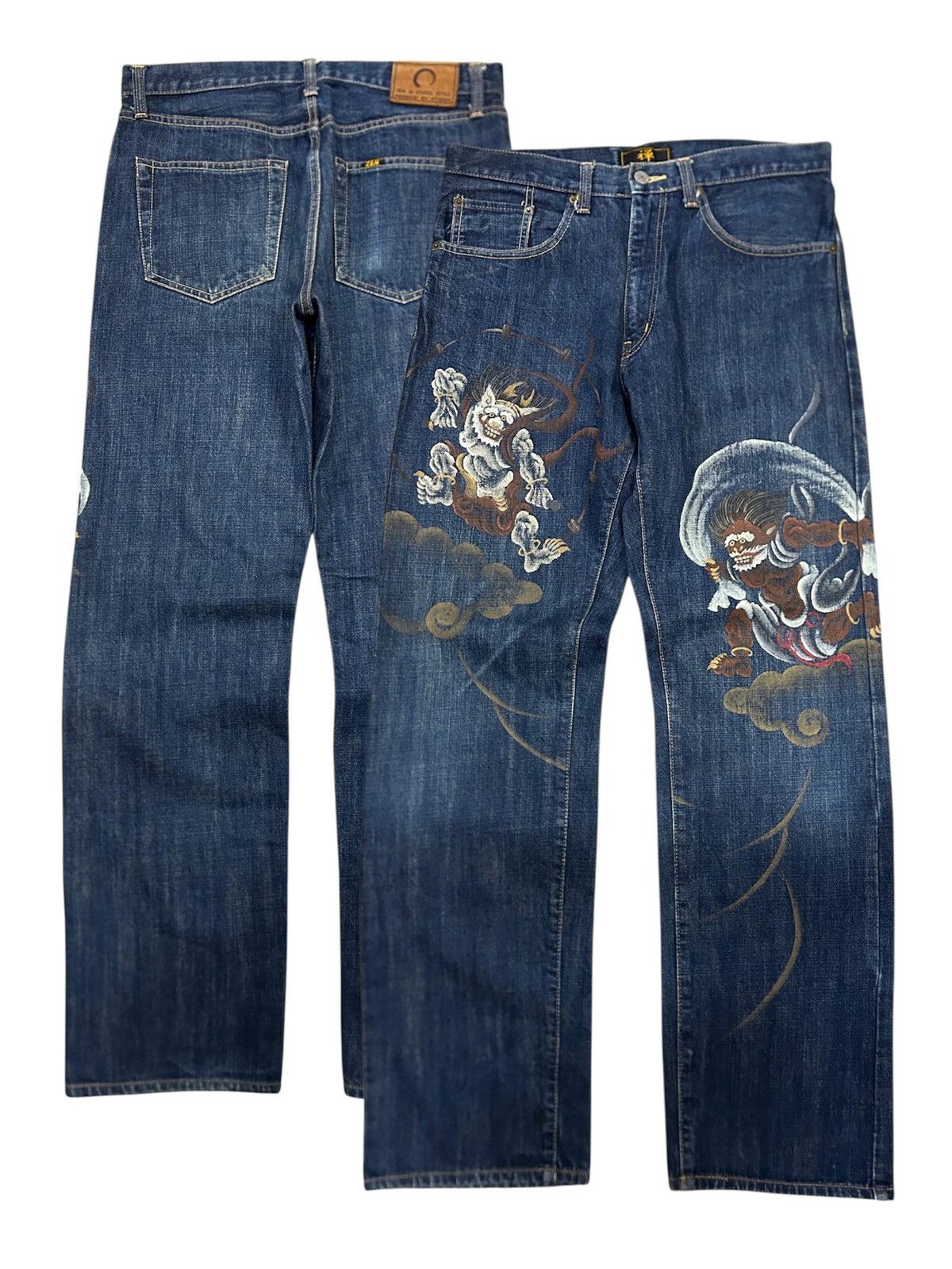 Japanese Brand Vintage Japanese Hand-Painted Fujin Raijin Zen Kyoto Jeans Size US 32 / EU 48 - 1 Thumbnail