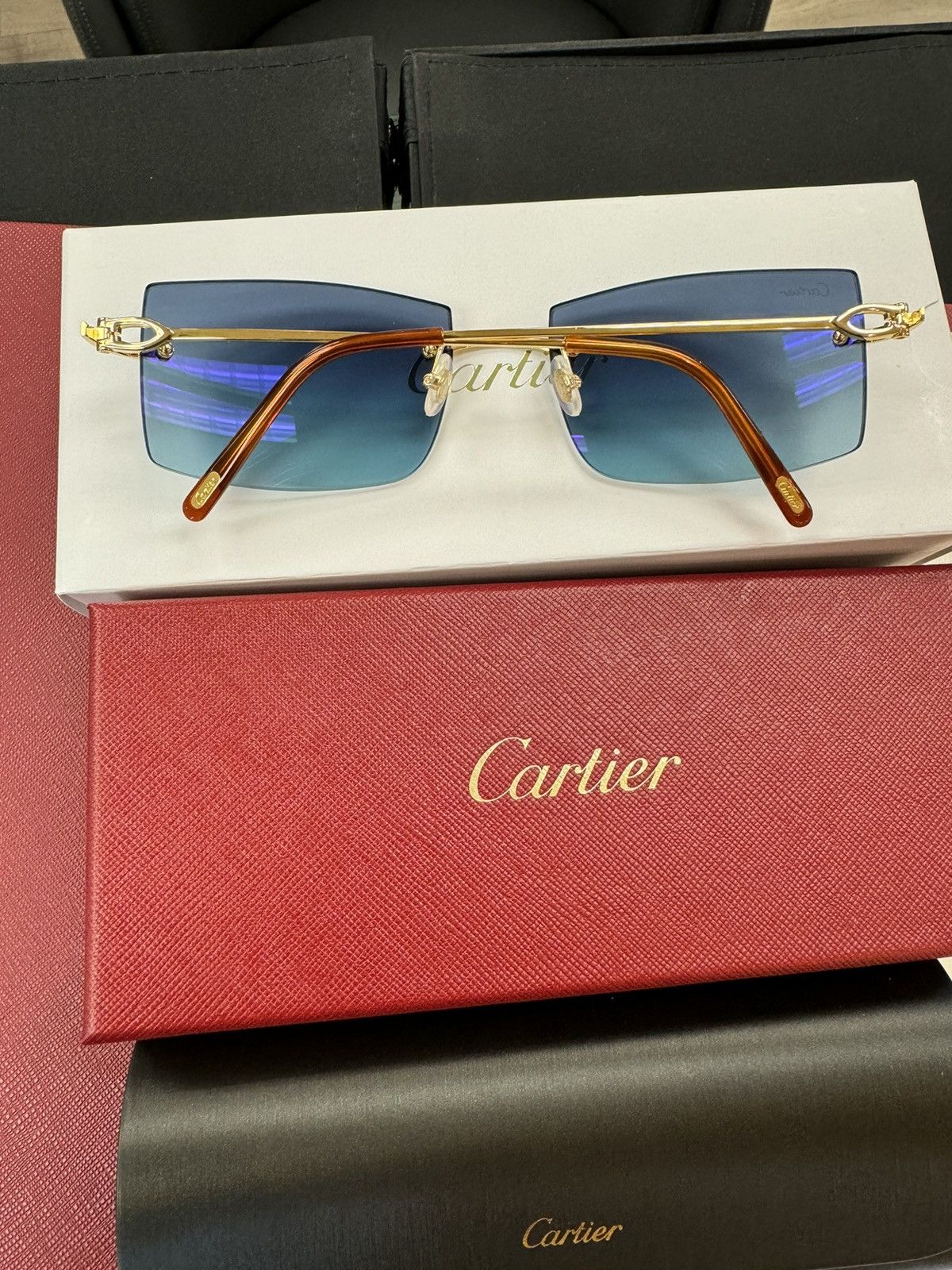 Cartier Cartier C Decor Blue Tint Sunglasses Gold Size ONE SIZE - 3 Thumbnail