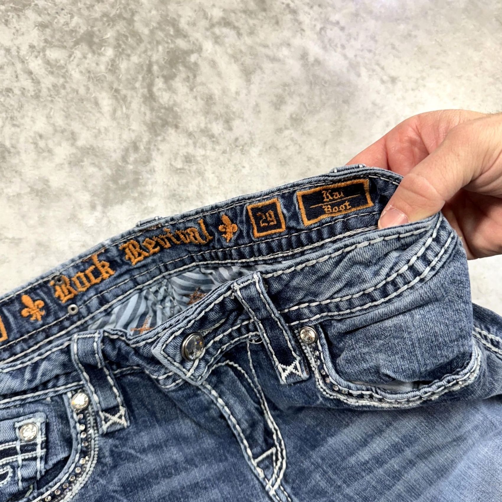 Vintage Rock Revival Jeans Women's 29 Blue Distressed Bootcut Embroidered Pockets Rhinestone Logo 90s 00s Vintage Inspired Size 29" - 6 Thumbnail