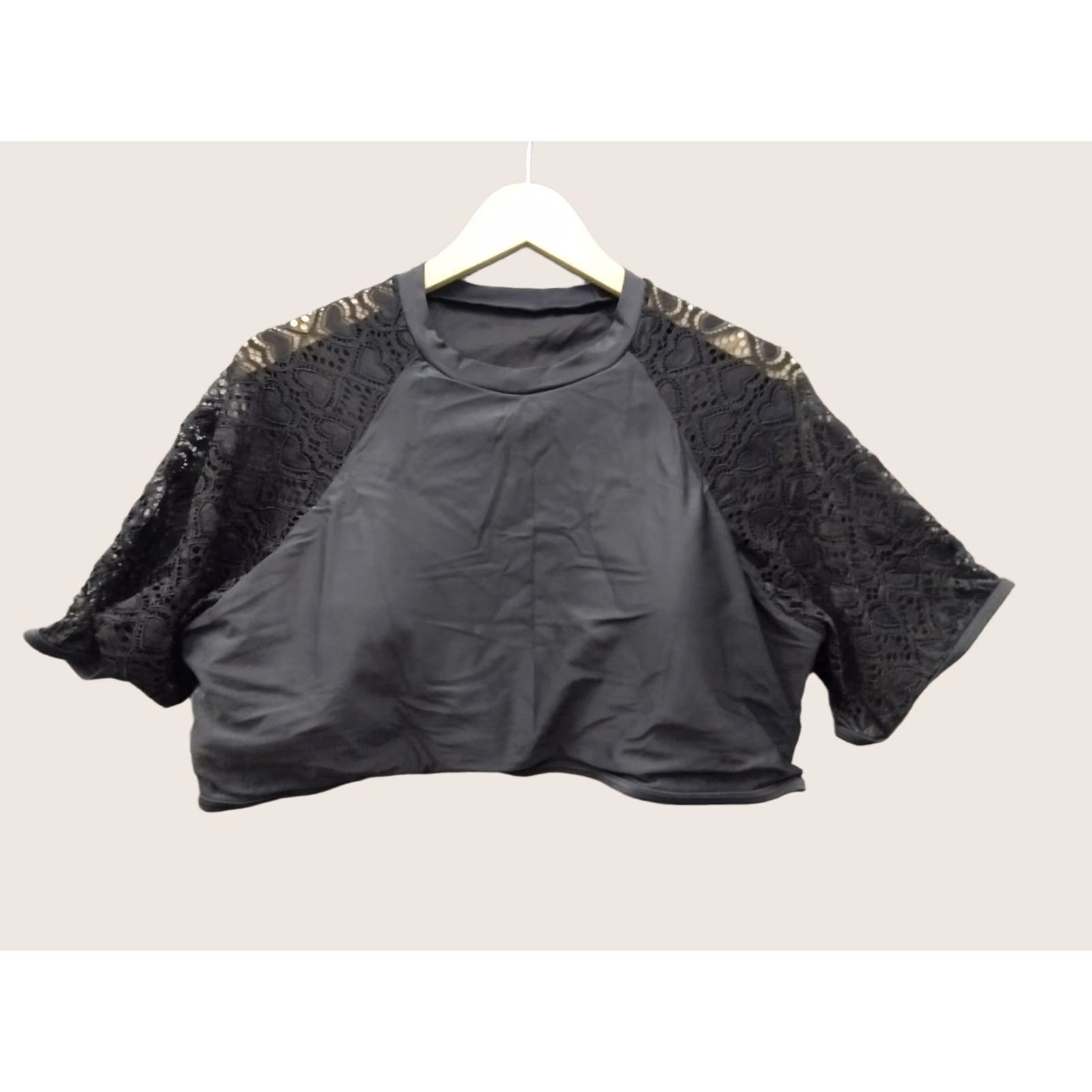Vintage Black Blouse Cropped 3XL Lace Short Sleeve Women's Top Size XXL / US 16-18 / IT 52-54 - 1 Thumbnail