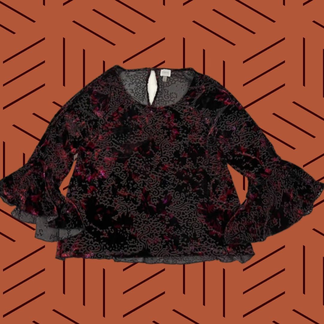 Velvet Cupio Whimsigoth Top Blouse Velvet Burnout Trumpet Sleeve XL Black Women Long Sleeve Knit & Floral Pattern | Regular Fit, Round Neck, Machine Washable Size XL / US 12-14 / IT 48-50 - 1 Thumbnail