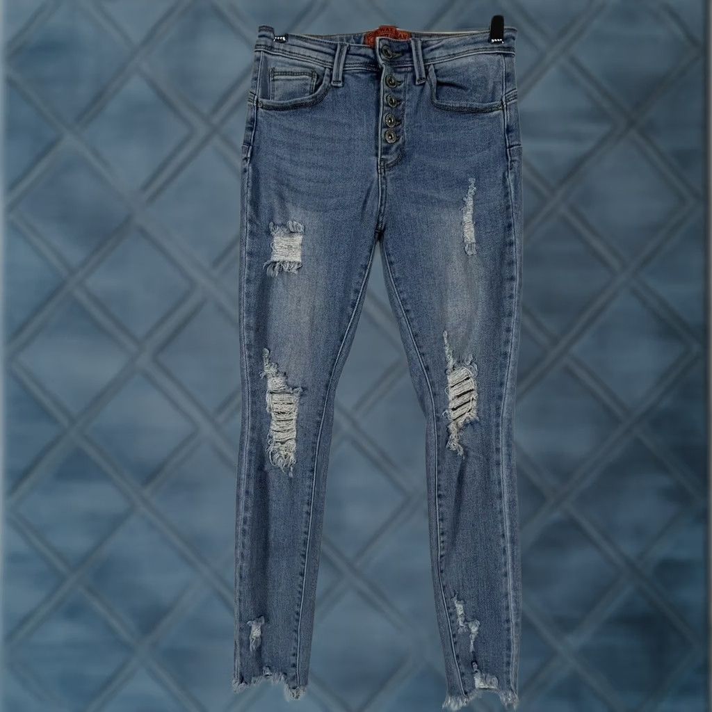 Denime Wax Jeans Button Fly Skinny Denim Juniors Size 5 Distressed Raw Hem Women's Jeans Size 27" / US 4 / IT 40 - 1 Thumbnail