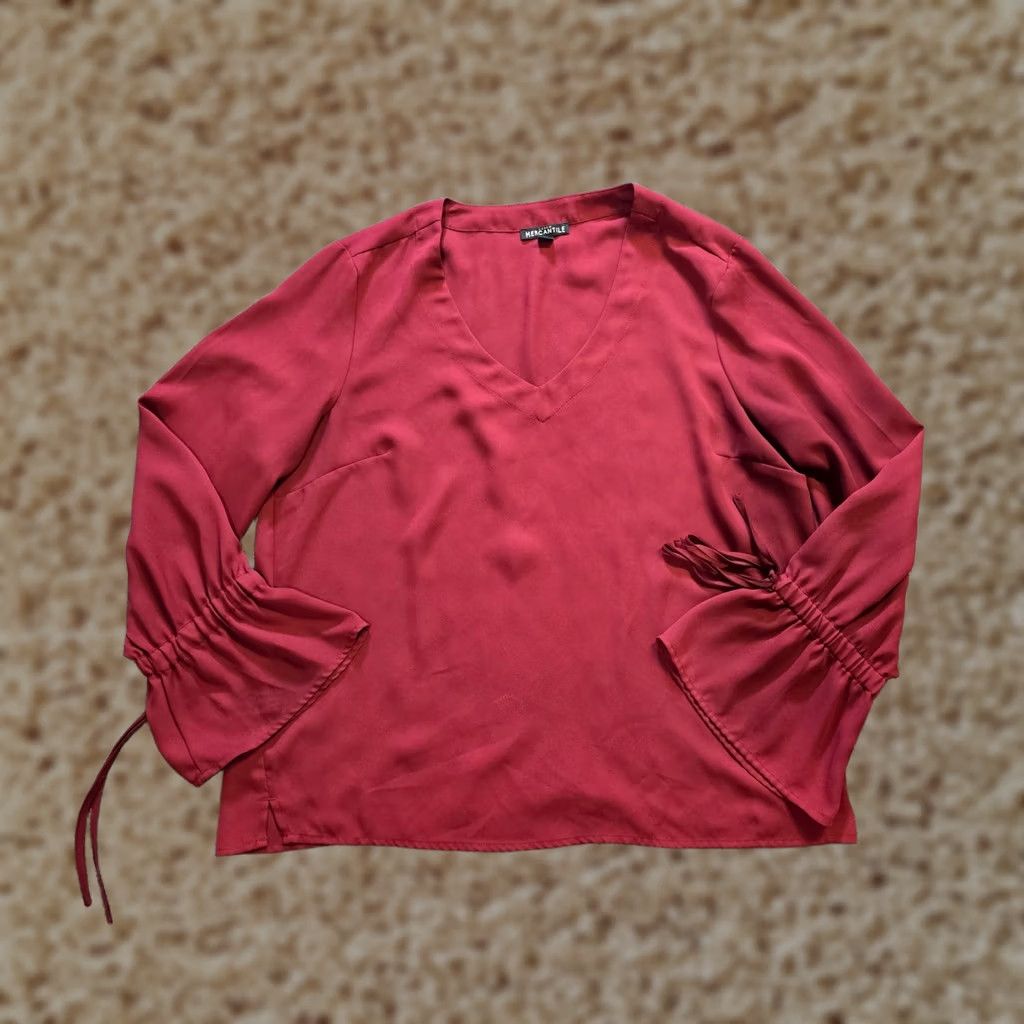 J.Crew J.CREW Blouse Womens Size 10 Red Sheer V-Neck Bell Sleeve Classic Fall Capsule Casual Shirt Size L / US 10 / IT 46 - 1 Thumbnail