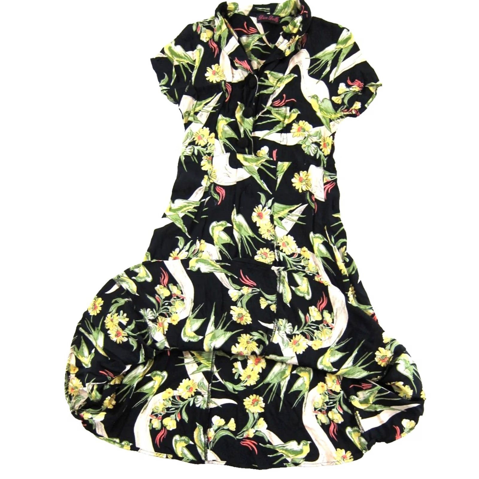 Pinko VINTAGE Diva Dollz Dress Shirt XS Black Floral Midi Short Sleeve Bird Green Purple Pink Bohemian 90s Style Mens Womens Girls Boys Size 26" / US 2 / IT 38 - 5 Thumbnail