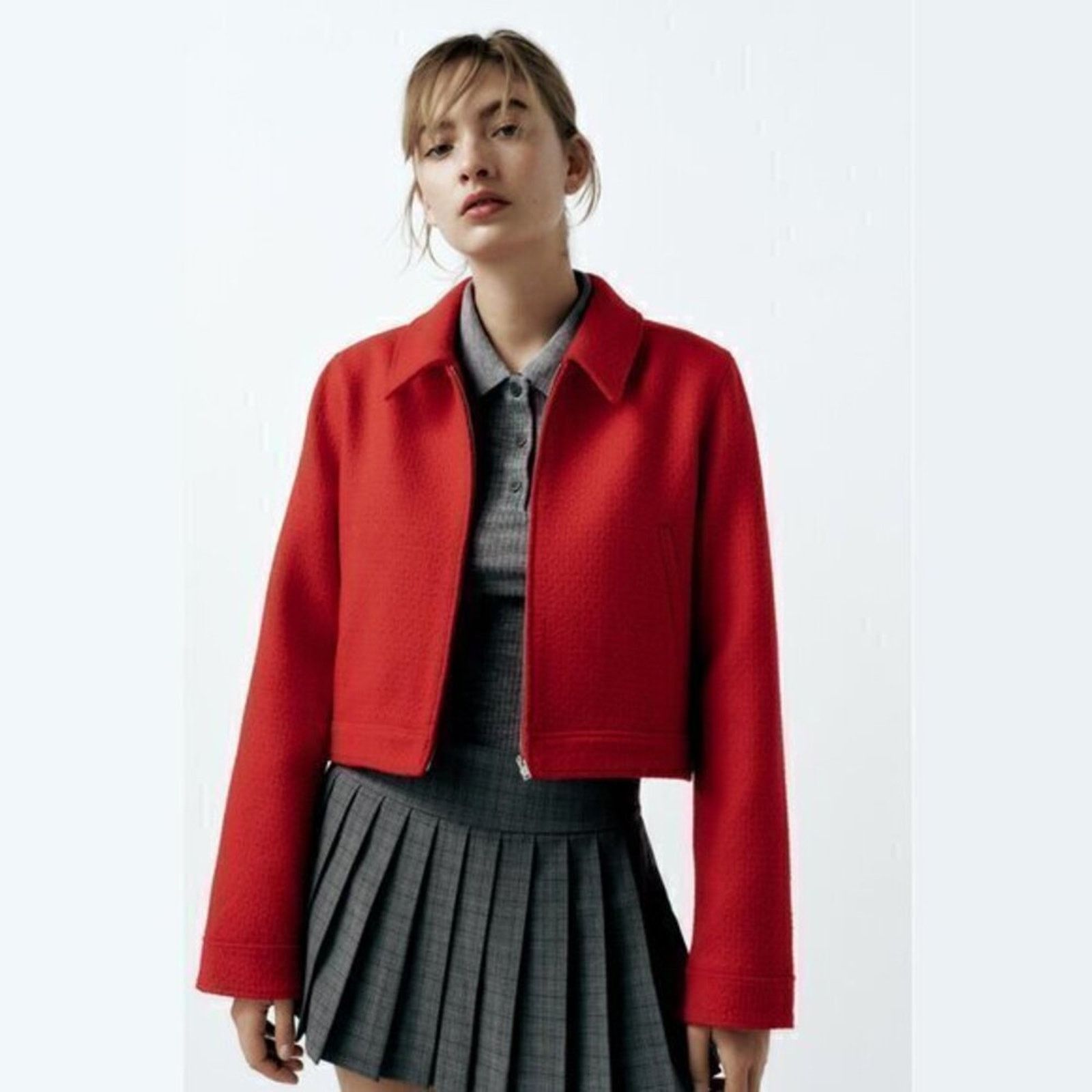 Zara ZARA Red Wool-Blend Cropped Jacket NWT Size M / US 6-8 / IT 42-44 - 17 Thumbnail