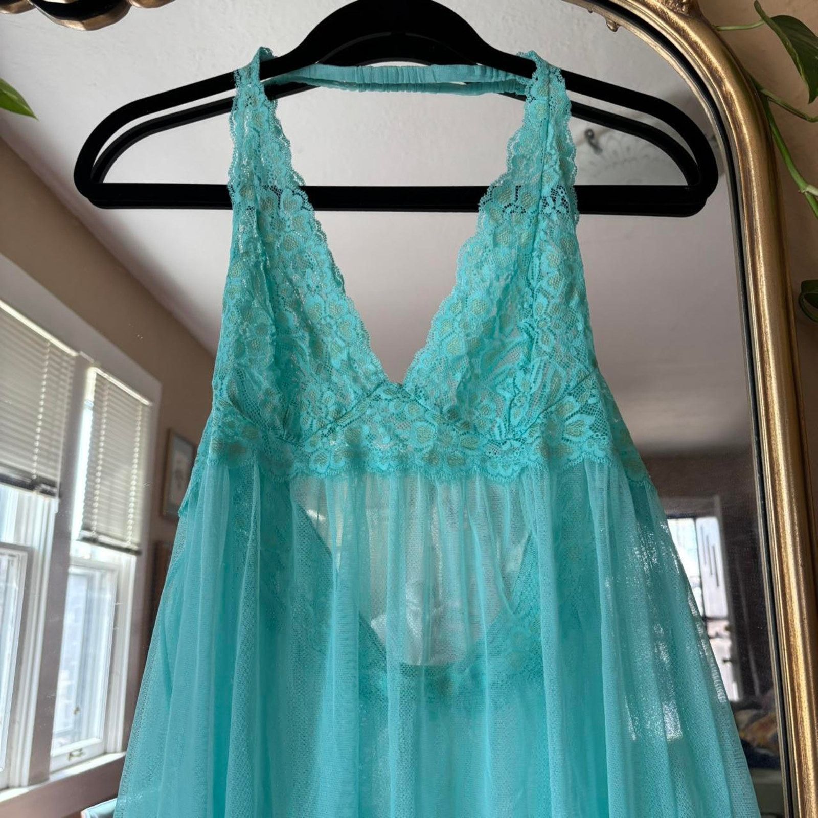 Other Aquamarine Lace Sheer Lingerie Halter Nightie Sexy Fairycore Size ONE SIZE - 3 Thumbnail