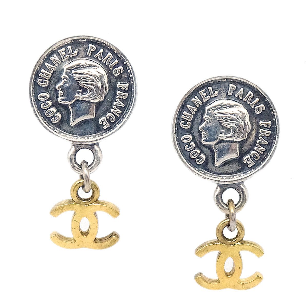 image of Chanel Medallion Dangle Earrings Gold Silver Clip-On 96P 28765, Women's