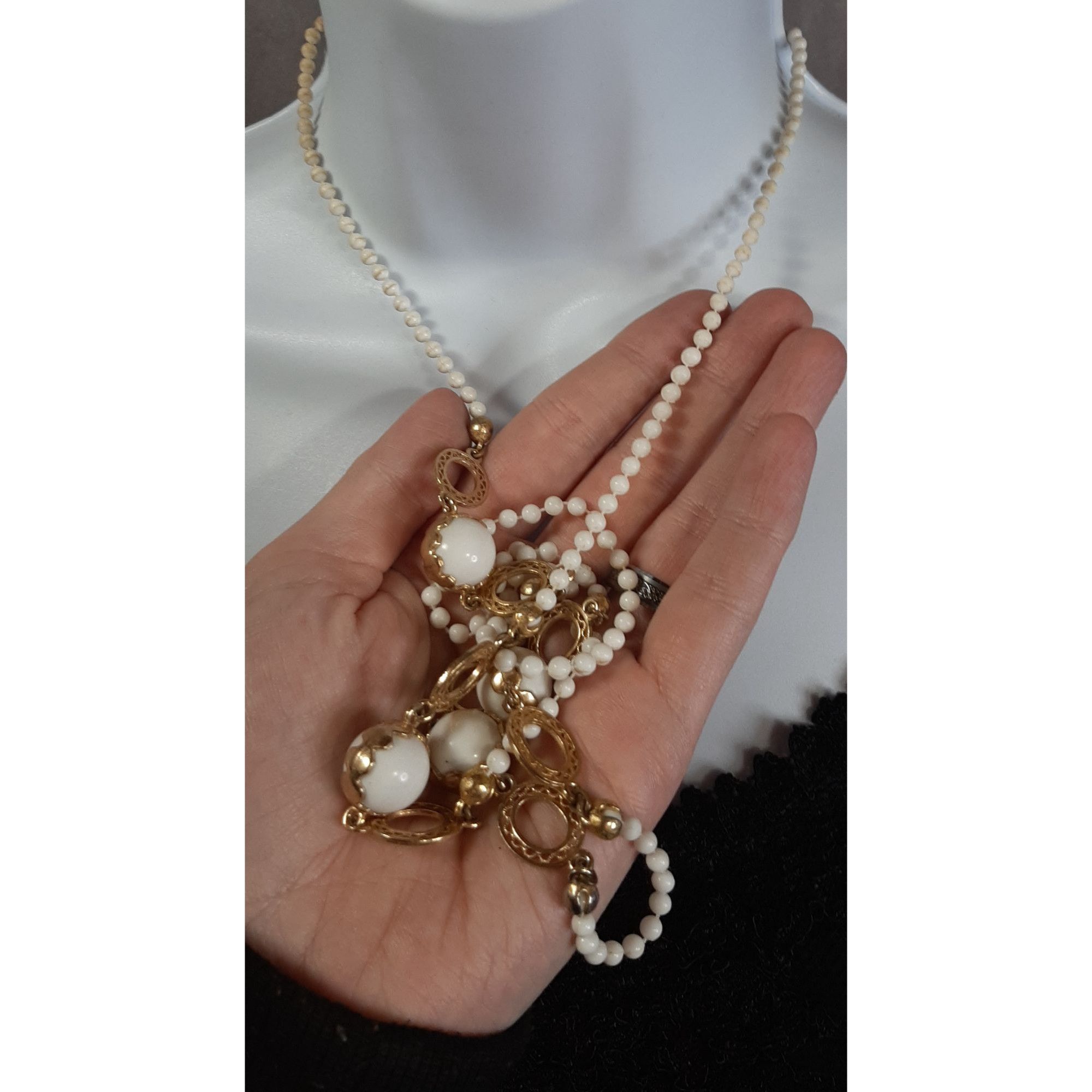 Other Vintage White And Gold Tone Beaded Necklace With Filigree Ac Size ONE SIZE - 4 Thumbnail