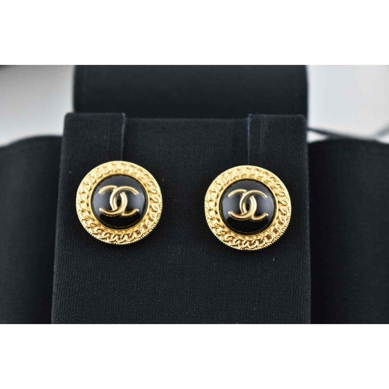 Chanel Chanel Gold Black Chain Link Dangle Statement Stud Earrings Size ONE SIZE - 1 Thumbnail