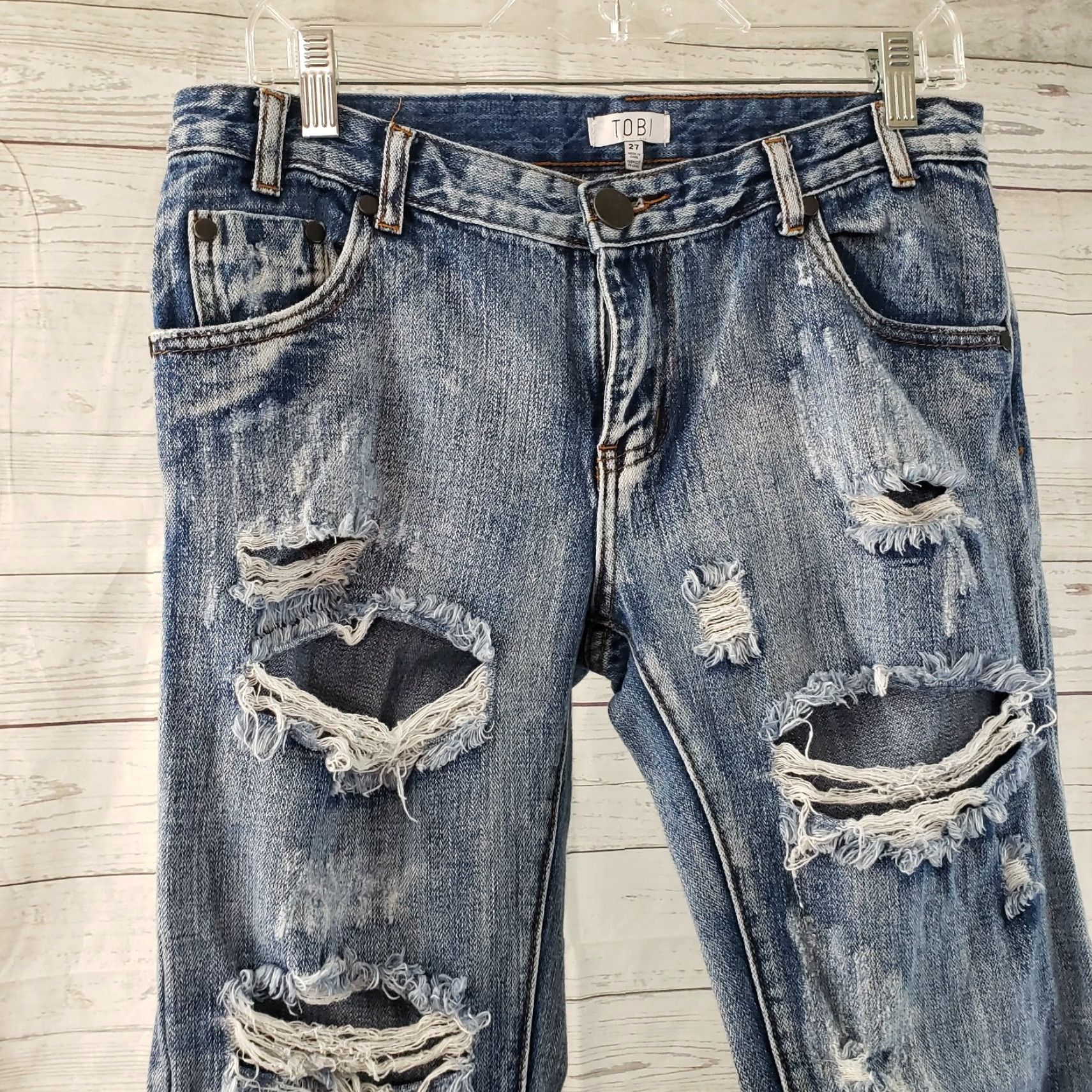 Vintage Tobi Womens Distressed Cropped Jeans Sz 27 Blue Ankle Zip Low Rise Denim Cotton Jeans Womens 27 Distressed Cropped Ankle Zip Size 27" / US 4 / IT 40 - 2 Thumbnail