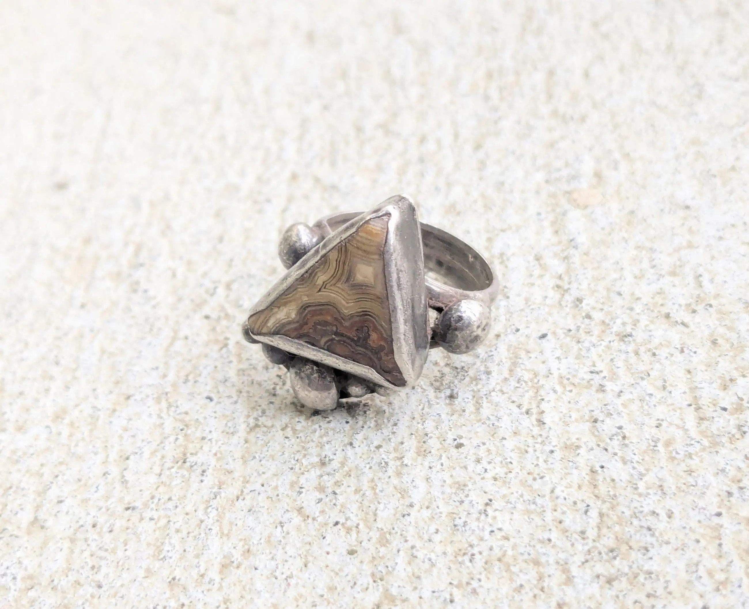 Sterling Silver Vintage Sterling Silver Ring Brown Agate Triangle Modern Size ONE SIZE - 1 Thumbnail