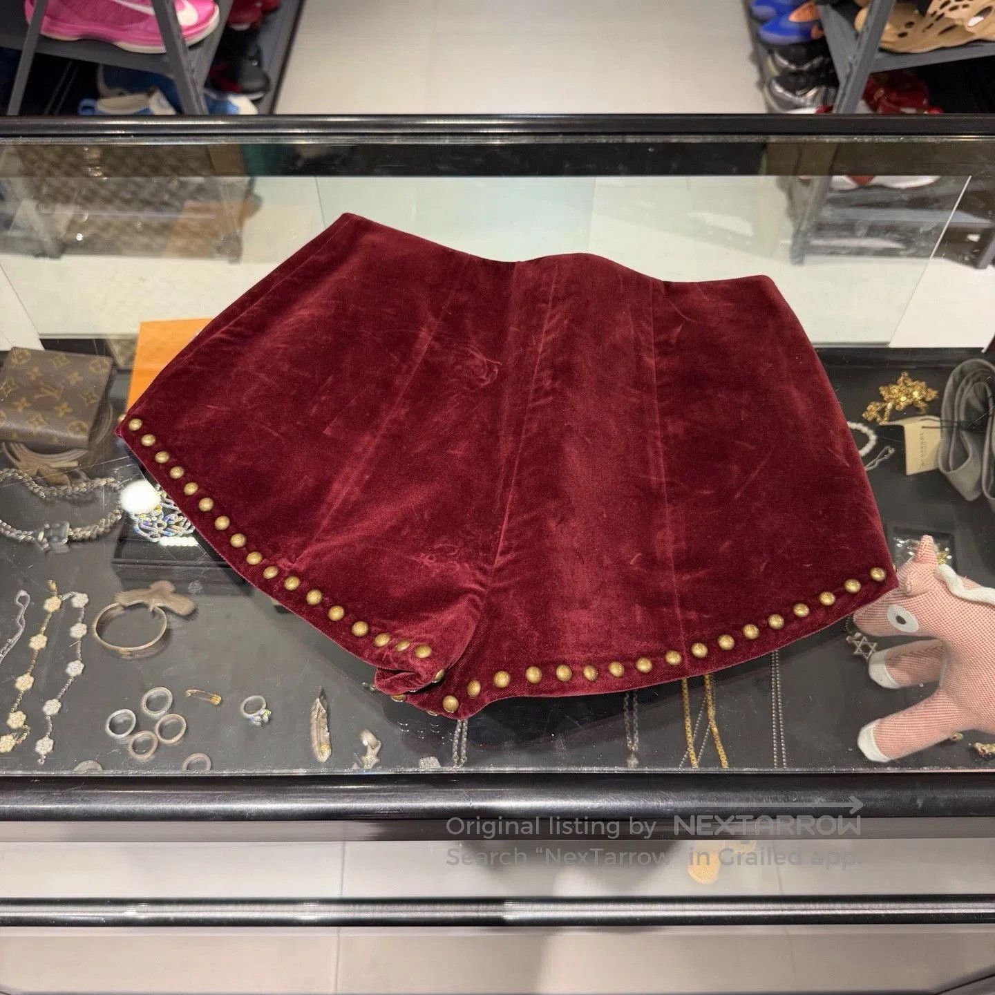 Saint Laurent Paris Saint Laurent Red Velvet Stud Mini Shorts. Size 37" - 2 Thumbnail