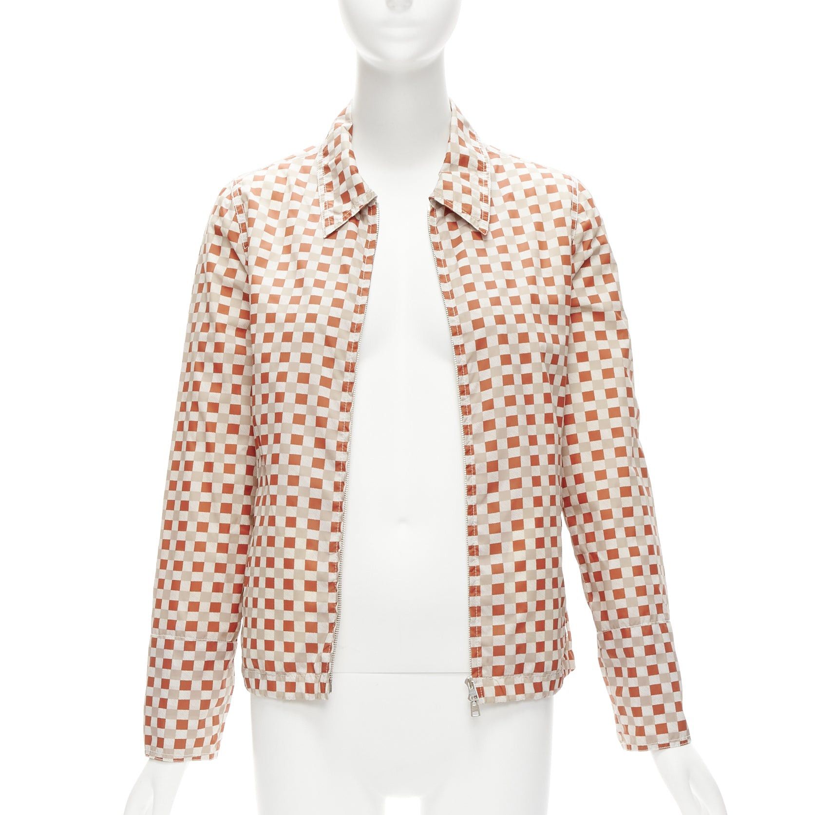 image of Marni Red Beige Checkerboard Collared Zip Shell Jacket It38 Xs, Women's