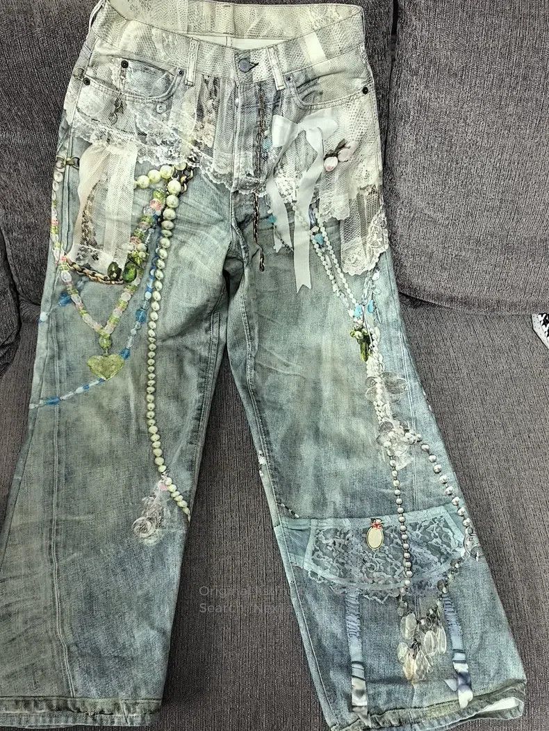 Acne Studios Acne Studios Denim Pants with Lace, Pearl Chain & 3D Print Size US 30 / EU 46 - 1 Thumbnail