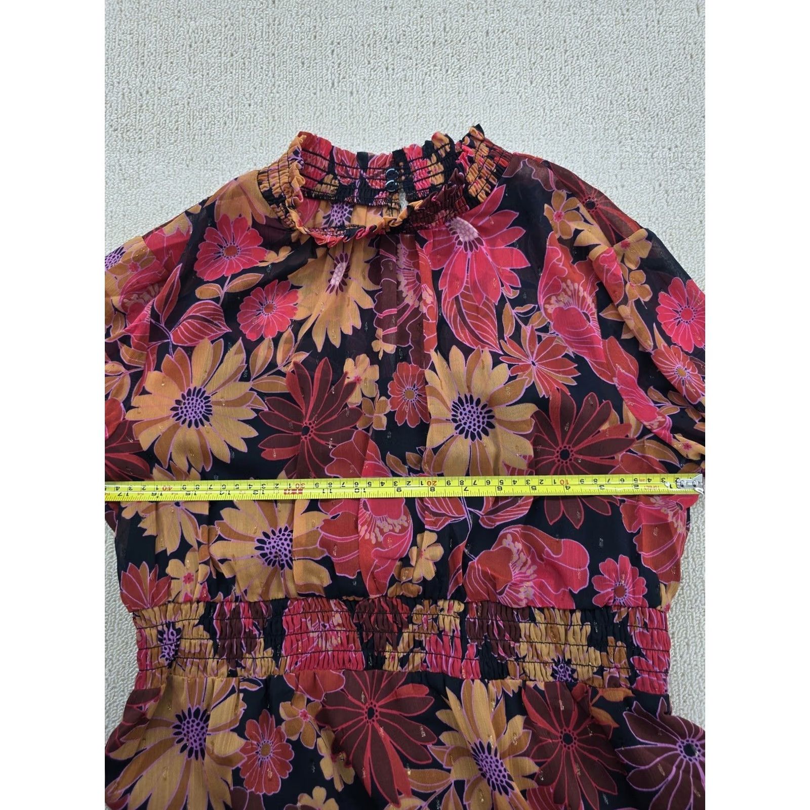 Bell BHOC Size 10 Floral Midi Chiffon Long Sleeve Bell Dress Blk Coral Size L / US 10 / IT 46 - 5 Thumbnail